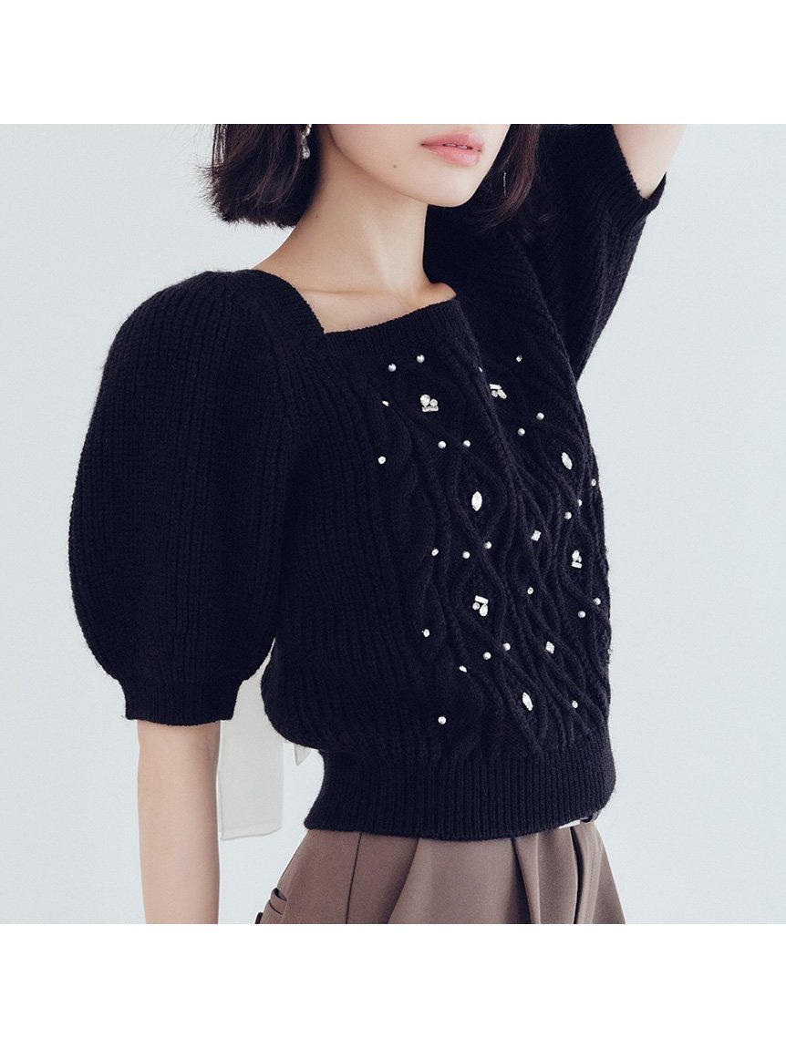 【リリーブラウン/Lily Brown】の【WEB限定カラー】 L.B CANDY STOCK シフォンリボンビジューニットトップス インテリア・キッズ・メンズ・レディースファッション・服の通販 founy(ファニー) 　ファッション　Fashion　レディースファッション　Fashion for Women　トップス・カットソー　Cut & Sew Tops　ニット　Knit Tops & Sweaters　【WEB限定カラー】BLK[009]|ID: prp329100004648785 ipo3291000000033569468