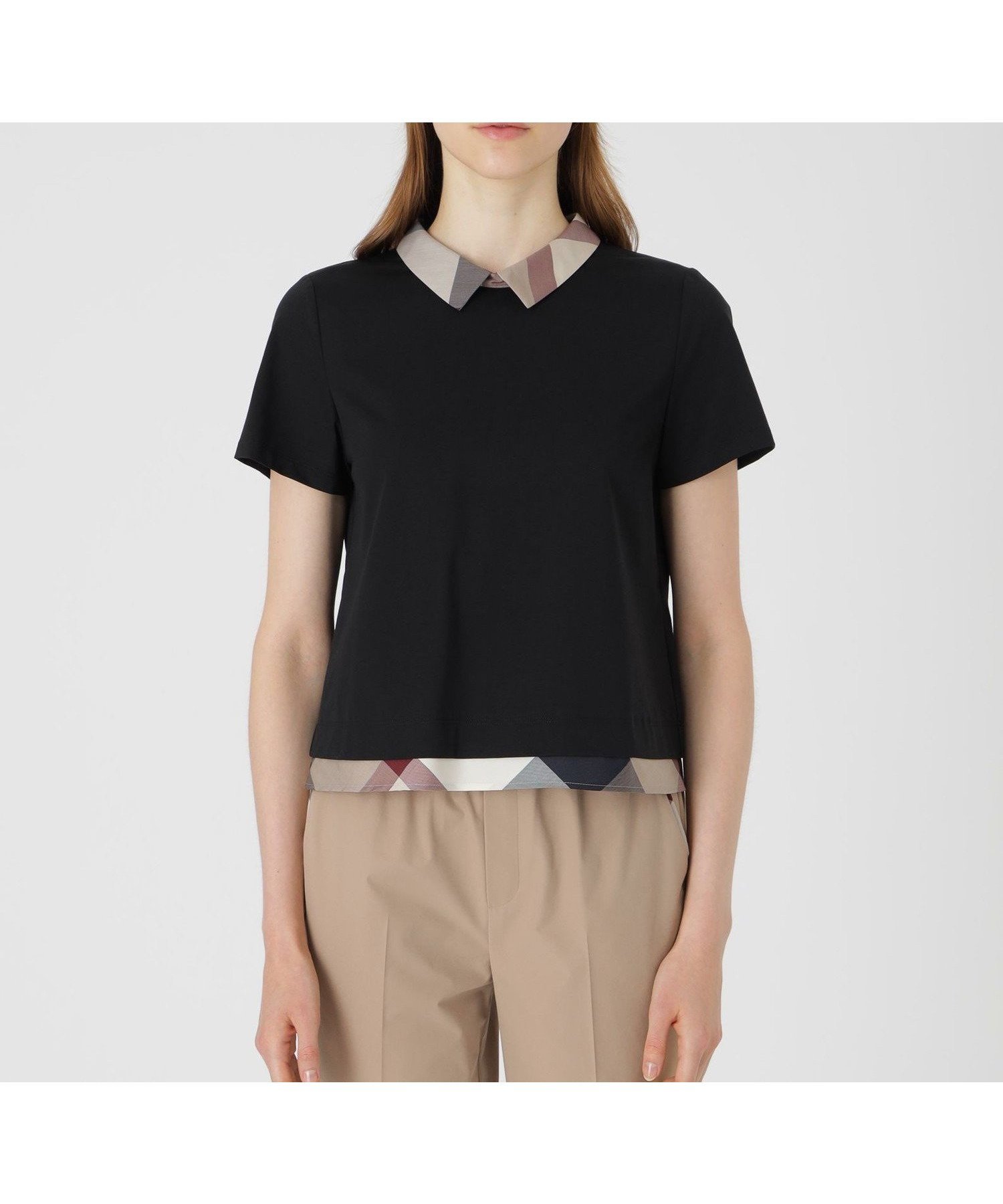 【ブルーレーベル クレストブリッジ/BLUE LABEL CRESTBRIDGE】のピマコットンプレーティング天竺パーシャルチェックカットソー インテリア・キッズ・メンズ・レディースファッション・服の通販 founy(ファニー) 　ファッション　Fashion　レディースファッション　Fashion for Women　トップス・カットソー　Cut & Sew Tops　カットソー・ベーシックTシャツ　Cut-and-Sewn Tops / Stretch Tees & Basics　カットソー　Cut and Sewn Top　コンビ　Combo, Combination Style　ボトム　Bottoms, Lower Wear　ブラック|ID: prp329100004648863 ipo3291000000033571172