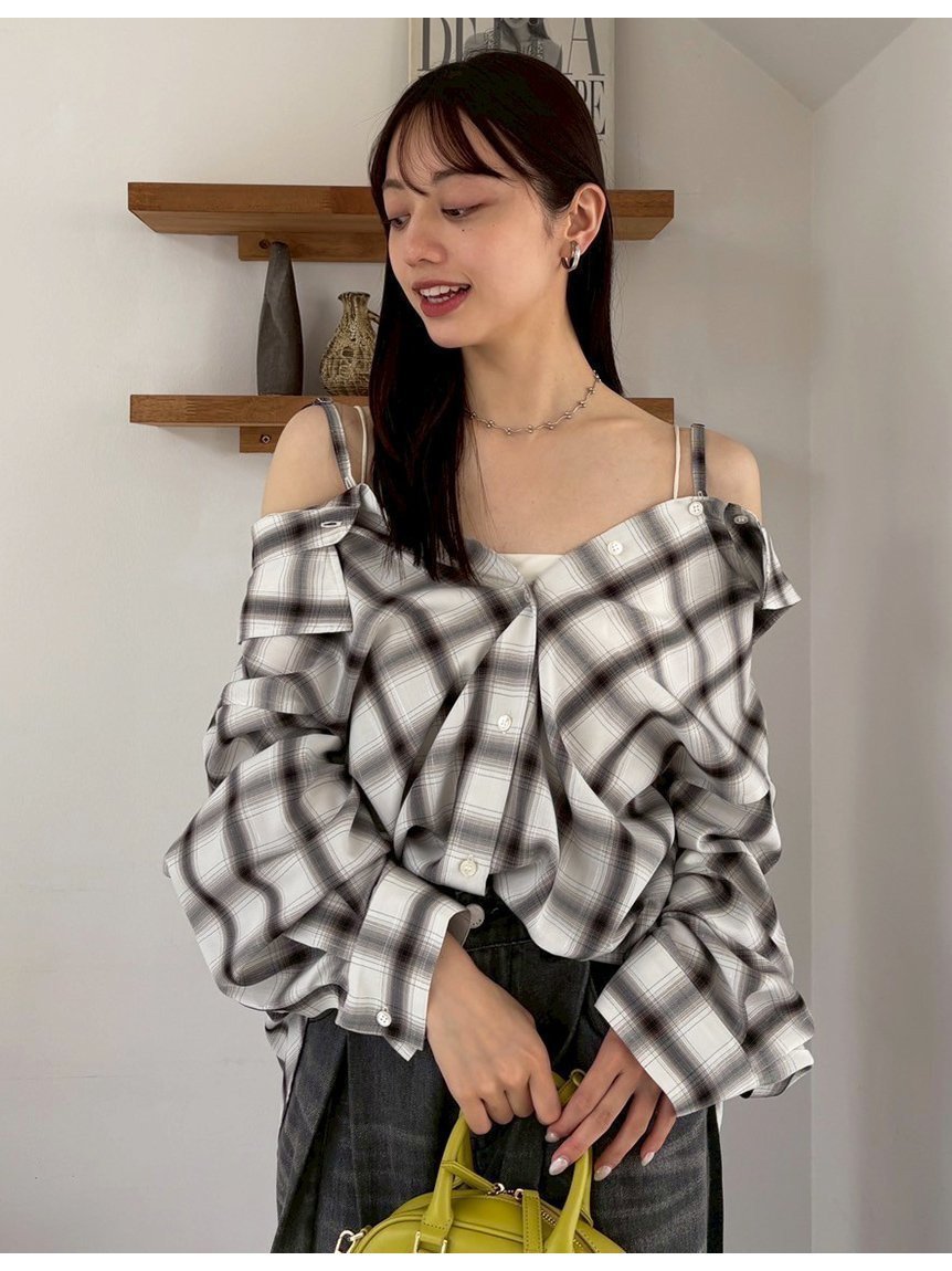 【フレイ アイディー/FRAY I.D】のオンブレラメチェックアシメシャツ 人気、トレンドファッション・服の通販 founy(ファニー) 　ファッション　Fashion　レディースファッション　Fashion for Women　トップス・カットソー　Cut & Sew Tops　シャツ・ブラウス・オフィスカジュアル　Elegant Blouses & Button-Ups　グラデーション　Gradient, Ombre　今季　This Season, Current Season　ショルダー　Shoulder, Shoulder Strap　シルバー　Silver, Metallic Silver　チェック　Check, Plaid, Tartan　トレンド　Trend, Trending Now　バランス　Balance, Style Balance　ラップ　Wrap, Wrap Design　リボン　Ribbon, Bow　おすすめ　Recommended / Our Picks　 other-1|ID: prp329100004648870 ipo3291000000033571383