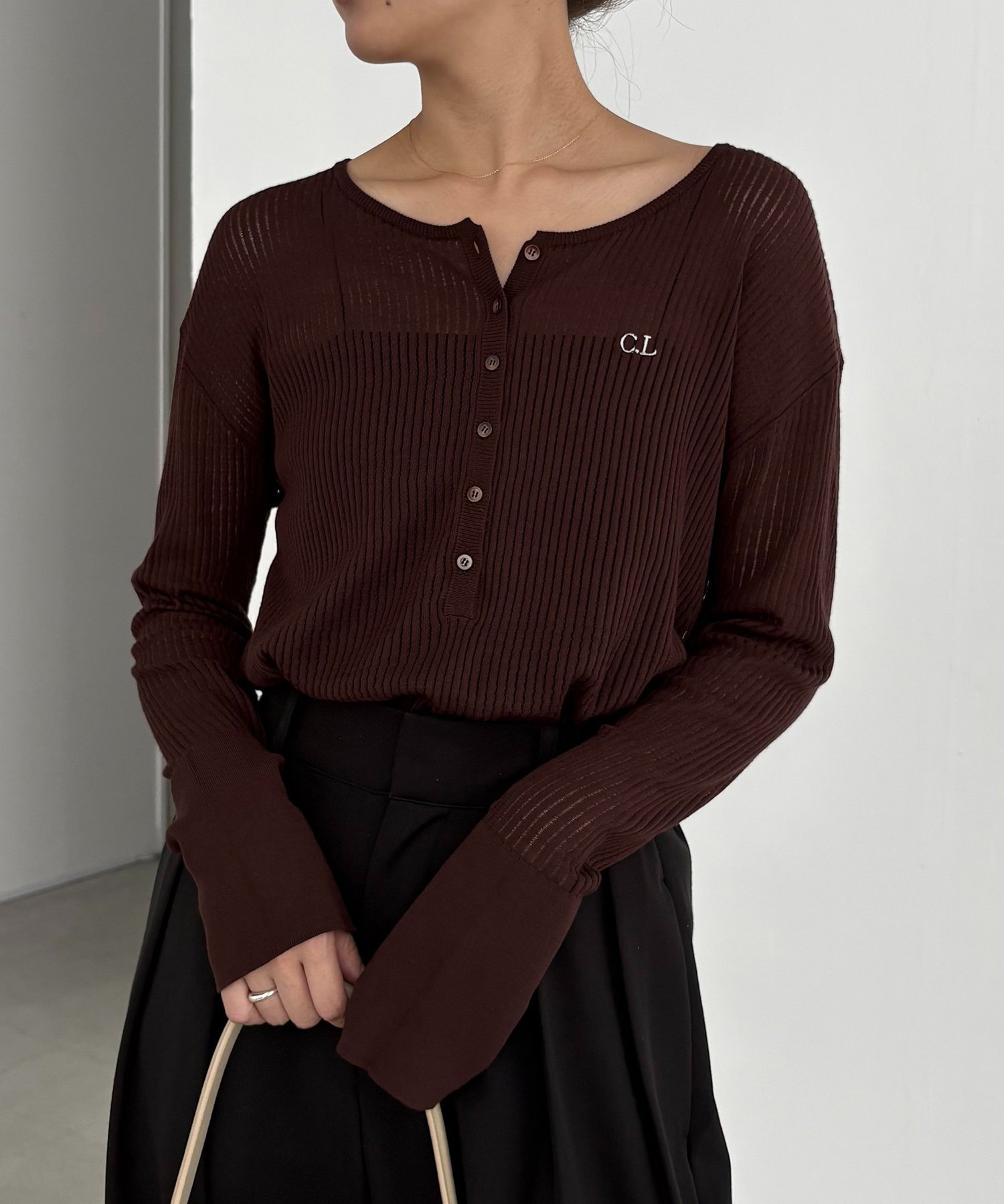 【カプリシューレマージュ/CAPRICIEUX LEMAGE】のC.L シアーヘンリーニット 人気、トレンドファッション・服の通販 founy(ファニー) 　ファッション　Fashion　レディースファッション　Fashion for Women　トップス・カットソー　Cut & Sew Tops　ニット　Knit Tops & Sweaters　インナー　Innerwear　秋　Autumn　カフス　Cuff Design　カーディガン　Cardigan, Knitwear　切替　Switching, Contrast Panel　ジャケット　Jacket, Outerwear　透かし　Cut-Out, Lacework　マキシ　Maxi, Full Length　ワイド　Wide, Wide Fit　おすすめ　Recommended / Our Picks　夏　Summer　 other-1|ID: prp329100004648904 ipo3291000000033819077