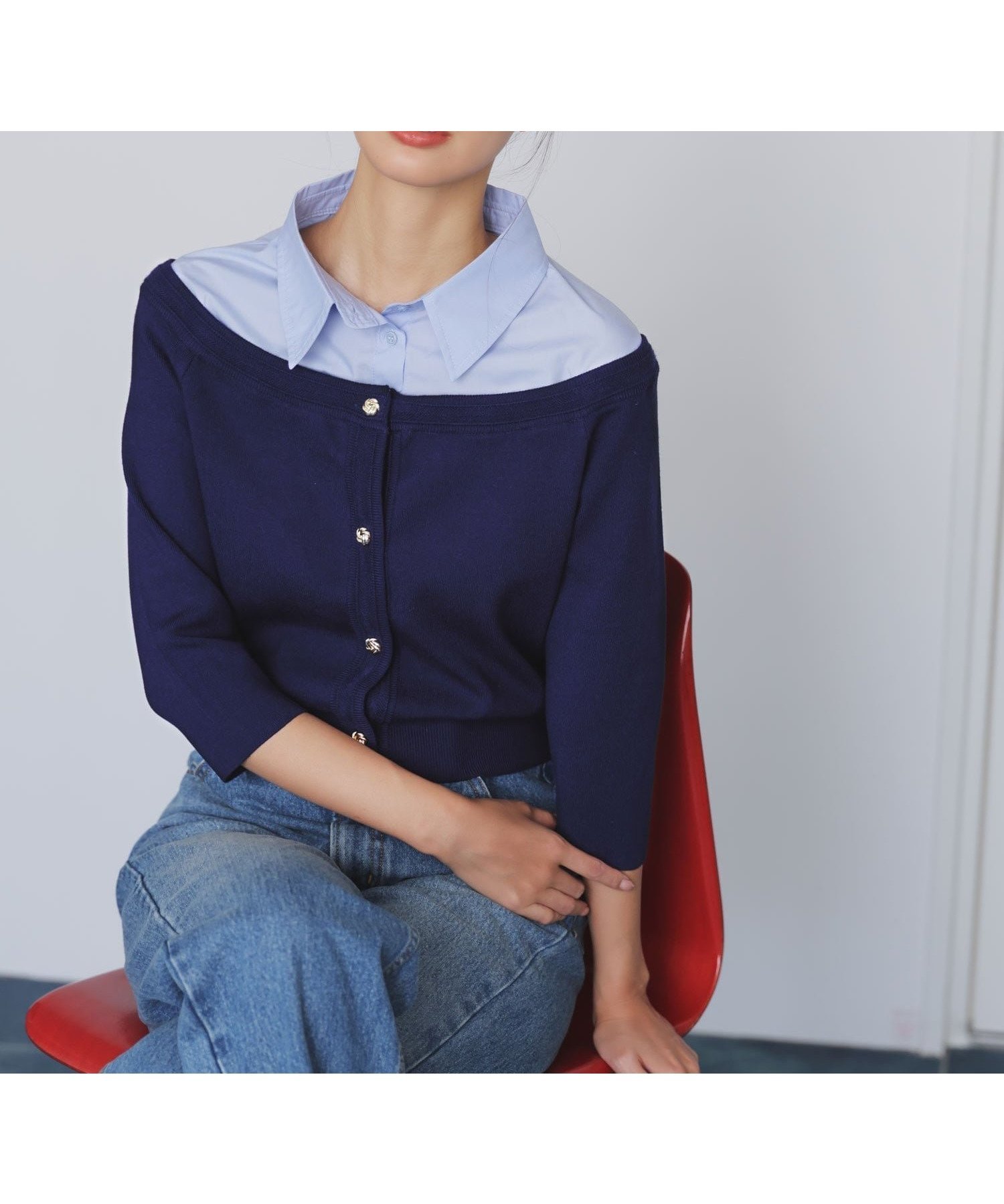 【ノエラ/Noela】の【WEB限定カラーあり】シャツレイヤードライクニット インテリア・キッズ・メンズ・レディースファッション・服の通販 founy(ファニー) 　ファッション　Fashion　レディースファッション　Fashion for Women　トップス・カットソー　Cut & Sew Tops　ニット　Knit Tops & Sweaters　シャツ・ブラウス・オフィスカジュアル　Elegant Blouses & Button-Ups　ショート　Short, Short Length　ポケット　Pocket, Pocket Detail　ネイビー|ID: prp329100004648931 ipo3291000000033890011