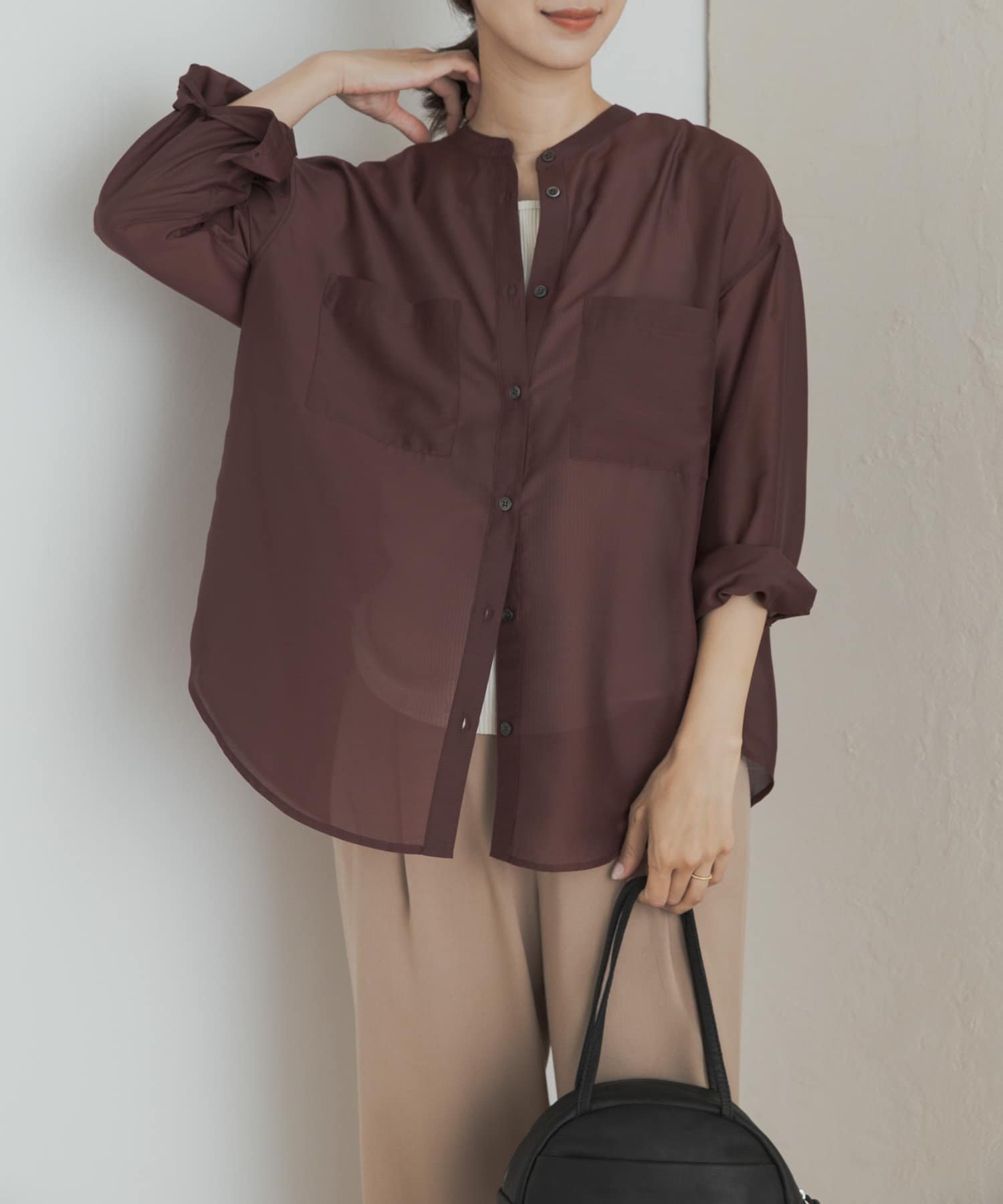 【アーバンリサーチ ドアーズ/URBAN RESEARCH DOORS】のシアーバンドカラーシャツ インテリア・キッズ・メンズ・レディースファッション・服の通販 founy(ファニー) 　ファッション　Fashion　レディースファッション　Fashion for Women　トップス・カットソー　Cut & Sew Tops　シャツ・ブラウス・オフィスカジュアル　Elegant Blouses & Button-Ups　2025年　2025　2025-2026秋冬・A/W　Autumn/Winter 2025–26 AW25–26　冬　Winter / This Winter　シアー　Sheer, See-Through　タンク　Tank Top, Sleeveless Top　デニム　Denim, Jeans Material　バランス　Balance, Style Balance　ベーシック　Basic, Essential　ルーズ　Loose, Oversized　夏　Summer　秋　Autumn　A/W・秋冬　Autumn/Winter　BURGUNDY|ID: prp329100004649042 ipo3291000000033889427