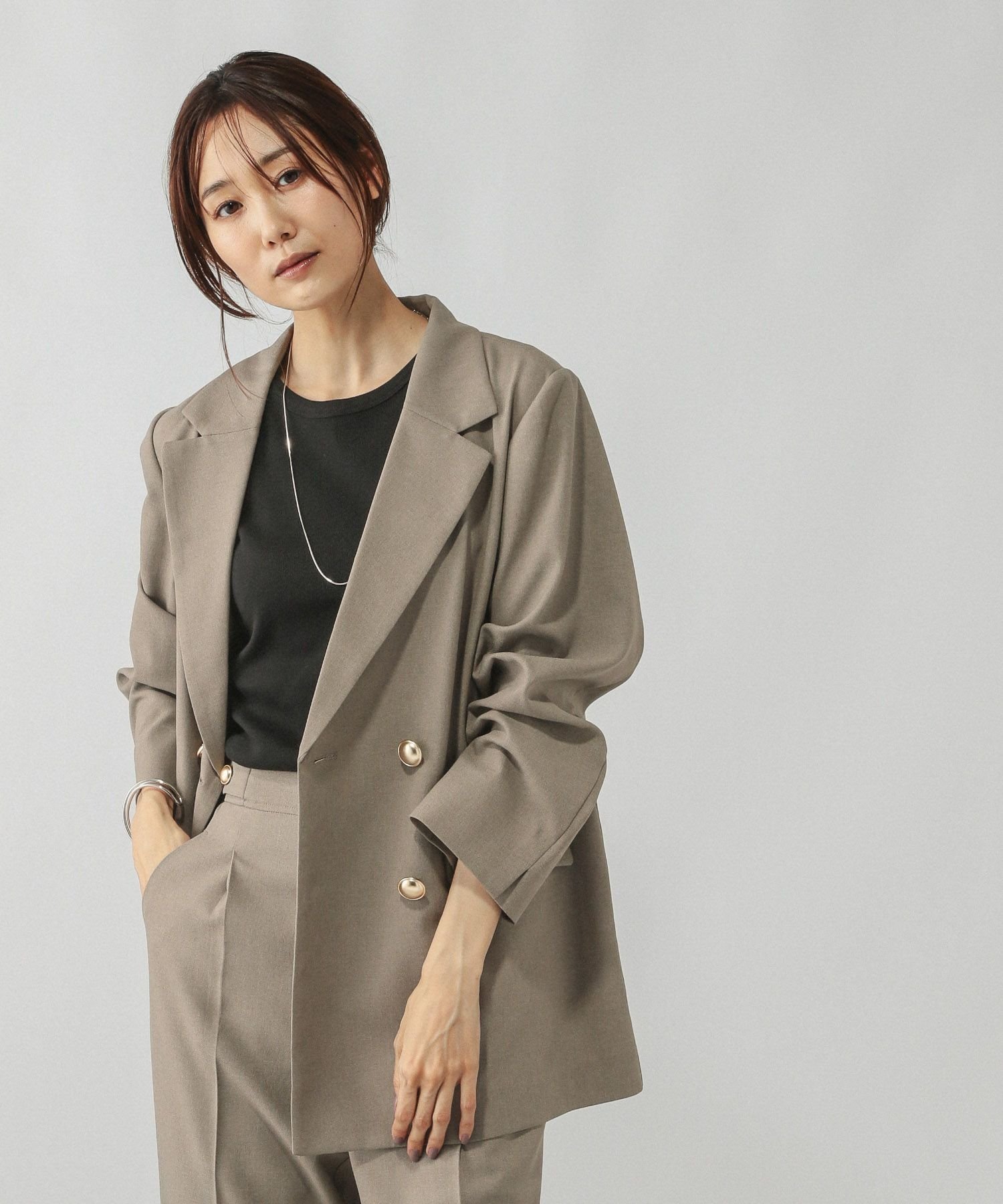 【グローバルワーク/GLOBAL WORK】のお手入れラクラクセットアップ/ダブルジャケット/498372 インテリア・キッズ・メンズ・レディースファッション・服の通販 founy(ファニー) 　ファッション　Fashion　レディースファッション　Fashion for Women　アウター　Coat / Outerwear Collection　レディースジャケット・軽アウター　Jackets　おすすめ　Recommended / Our Picks　ジャケット　Jacket, Outerwear　ストレッチ　Stretch, Stretchy Fabric　ストレート　Straight, Straight Cut　スリット　Slit, Slit Detail　ダブル　Double, Double-Breasted　チェック　Check, Plaid, Tartan　デニム　Denim, Jeans Material　ミックス　Mix, Mixed Style　メランジ　Melange, Mixed Yarn　ワイド　Wide, Wide Fit　グレージュ51|ID: prp329100004649506 ipo3291000000034532732