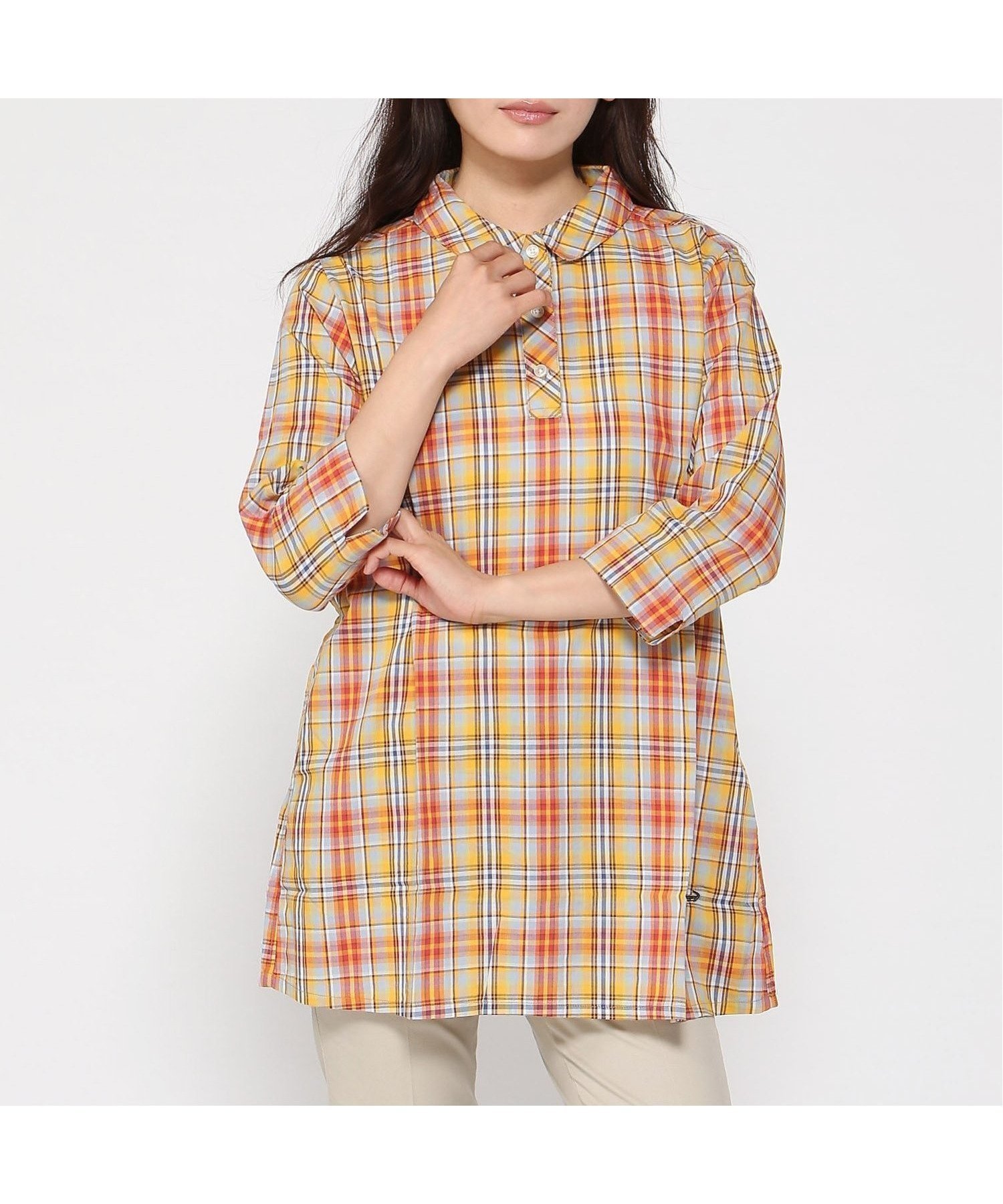 【クロコダイル/CROCODILE】の丸襟 チェック柄 チュニック 人気、トレンドファッション・服の通販 founy(ファニー) 　ファッション　Fashion　レディースファッション　Fashion for Women　トップス・カットソー　Cut & Sew Tops　オレンジ　Orange　チェック　Check, Plaid, Tartan　チュニック　Tunic, Long Top　リラックス　Relax, Relaxed Fit　 other-1|ID: prp329100004649672 ipo3291000000033586274