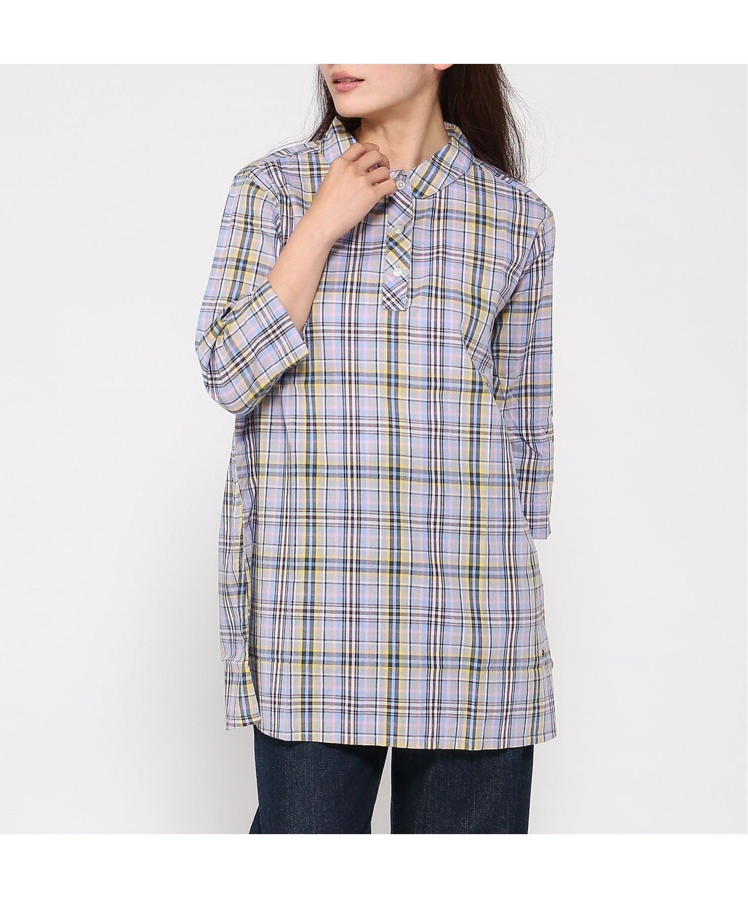 【クロコダイル/CROCODILE】の丸襟 チェック柄 チュニック インテリア・キッズ・メンズ・レディースファッション・服の通販 founy(ファニー) 　ファッション　Fashion　レディースファッション　Fashion for Women　トップス・カットソー　Cut & Sew Tops　オレンジ　Orange　チェック　Check, Plaid, Tartan　チュニック　Tunic, Long Top　リラックス　Relax, Relaxed Fit　ブルー|ID: prp329100004649672 ipo3291000000033586278