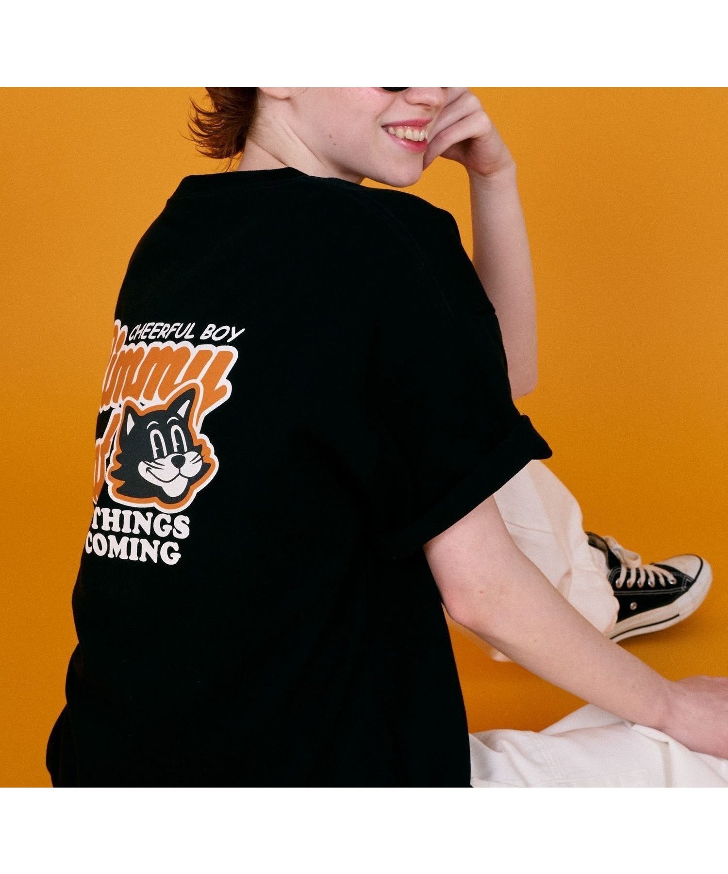 【ページボーイ/PAGEBOY】の【PBLIM】LIMMY CATグラフィックTシャツ インテリア・キッズ・メンズ・レディースファッション・服の通販 founy(ファニー) 　ファッション　Fashion　レディースファッション　Fashion for Women　トップス・カットソー　Cut & Sew Tops　シャツ・ブラウス・オフィスカジュアル　Elegant Blouses & Button-Ups　ロングTシャツ・Tシャツ　Longline T-Shirts & Tees　インナー　Innerwear　オレンジ　Orange　グラフィック　Graphic, Graphic Design　フロント　Front, Front Design　ブラック09|ID: prp329100004650213 ipo3291000000033593673