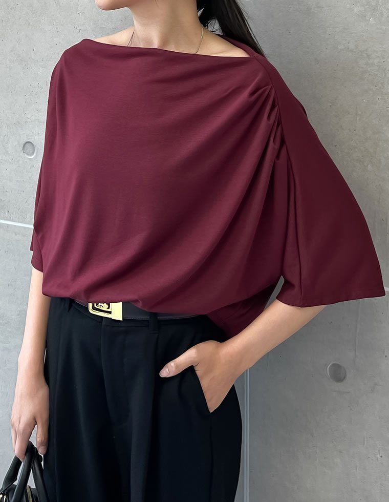 【リエディ/Re:EDIT】の2WAYカットドレープトップス インテリア・キッズ・メンズ・レディースファッション・服の通販 founy(ファニー) 　ファッション　Fashion　レディースファッション　Fashion for Women　トップス・カットソー　Cut & Sew Tops　おすすめ　Recommended / Our Picks　とろみ　Fluid, Flowy Fabric　アシンメトリー　Asymmetrical Style　エレガント 上品　Elegant　カットソー　Cut and Sewn Top　シンプル　Simple, Minimal　ストレッチ　Stretch, Stretchy Fabric　トレンド　Trend, Trending Now　ドレープ　Drape, Draping Fabric　ボトム　Bottoms, Lower Wear　ミックス　Mix, Mixed Style　ワンショル　One Shoulder, Asymmetrical　バーガンディ|ID: prp329100004650246 ipo3291000000033594218