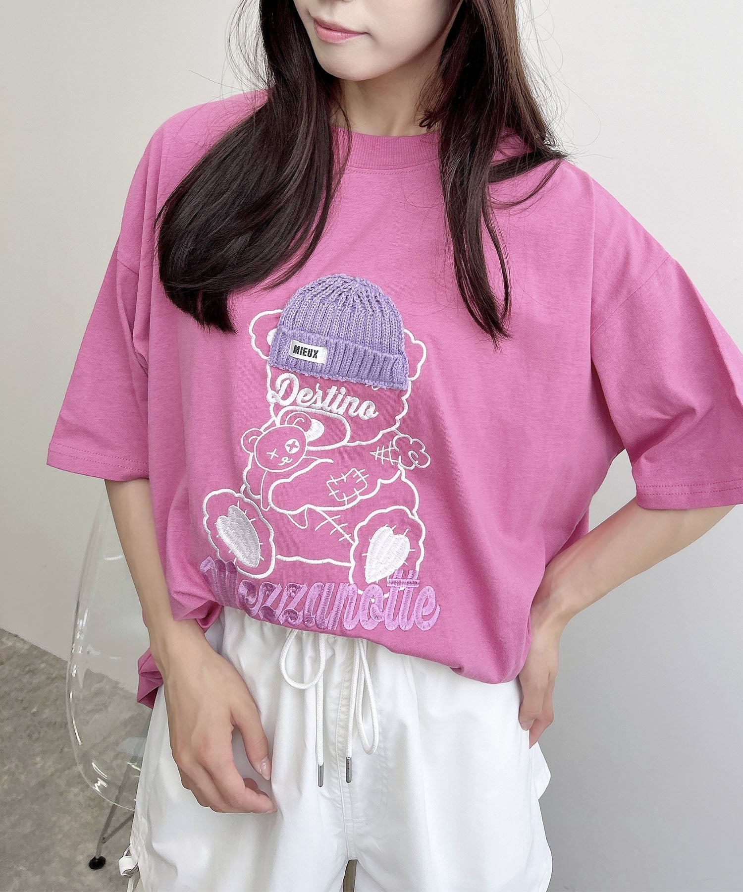 【イング/INGNI】の【WEB限定】傷ベア刺繍Tシャツ インテリア・キッズ・メンズ・レディースファッション・服の通販 founy(ファニー) 　ファッション　Fashion　レディースファッション　Fashion for Women　トップス・カットソー　Cut & Sew Tops　シャツ・ブラウス・オフィスカジュアル　Elegant Blouses & Button-Ups　ロングTシャツ・Tシャツ　Longline T-Shirts & Tees　おすすめ　Recommended / Our Picks　スマホ　Smartphone, Mobile Device　ビッグ　Big, Oversized　ピンク|ID: prp329100004650267 ipo3291000000033594801