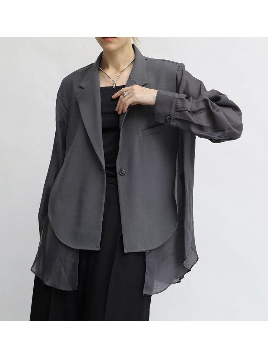 【ラシュッド/LASUD】のシアードッキングシャツジャケット インテリア・キッズ・メンズ・レディースファッション・服の通販 founy(ファニー) 　ファッション　Fashion　レディースファッション　Fashion for Women　アウター　Coat / Outerwear Collection　レディースジャケット・軽アウター　Jackets　コンビ　Combo, Combination Style　シアー　Sheer, See-Through　ジャケット　Jacket, Outerwear　テーラード　Tailored, Tailored Fit　フォーマル　Formal, Dressy　ラウンド　Round, Round Neck　エレガント 上品　Elegant　チャコールグレー|ID: prp329100004650323 ipo3291000000033846342