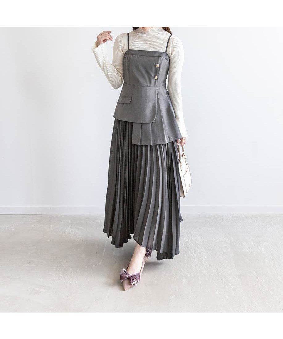 【ランダ/RANDA】のプリーツレイヤードキャミワンピース インテリア・キッズ・メンズ・レディースファッション・服の通販 founy(ファニー) 　ファッション　Fashion　レディースファッション　Fashion for Women　ワンピース　Dresses　キャミソールワンピース　Camisole Dresses　おすすめ　Recommended / Our Picks　インナー　Innerwear　キャミワンピース　Cami Dress, Slip Dress　コンパクト　Compact, Small Size　シフォン　Chiffon, Lightweight Fabric　シャーリング　Shirring, Ruched　シンプル　Simple, Minimal　タートルネック　Turtleneck, High Neck　ドッキング　Docking, Mixed Material　フェミニン　Feminine, Girly　プリーツ　Pleats, Pleated　ヘムライン　Hemline, Bottom Cut　リブニット　Rib Knit, Ribbed Knit　エレガント 上品　Elegant　GRAY|ID: prp329100004650365 ipo3291000000033596289
