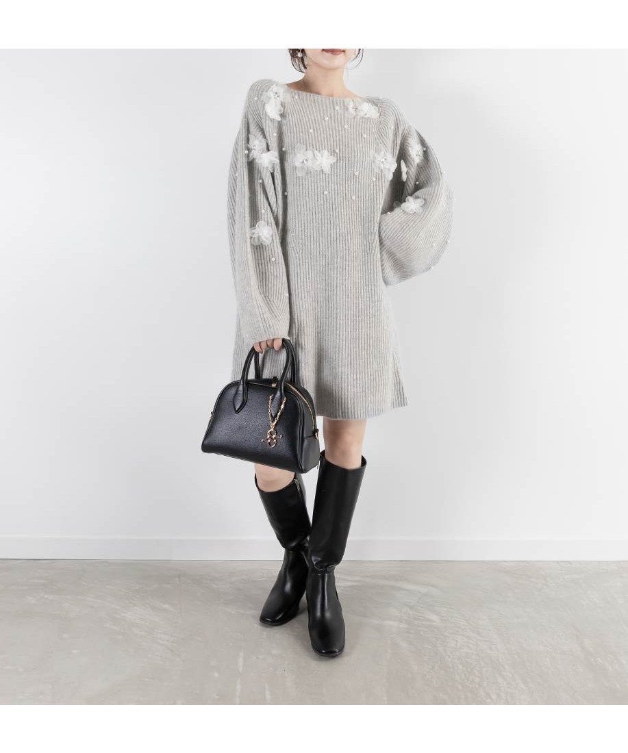 【ランダ/RANDA】の【選べる丈感】3Dフラワービジュー付きミニニットワンピース 人気、トレンドファッション・服の通販 founy(ファニー) 　ファッション　Fashion　レディースファッション　Fashion for Women　ワンピース　Dresses　ニットワンピース　Knit Dresses　シンプル　Simple, Minimal　チュール　Tulip, Tulip Motif　パール　Pearl, Pearl Accent　ビジュー　Bijou, Jewel-like Accent　フェミニン　Feminine, Girly　フラワー　Flower, Floral　ボトム　Bottoms, Lower Wear　 other-1|ID: prp329100004650376 ipo3291000000033596410