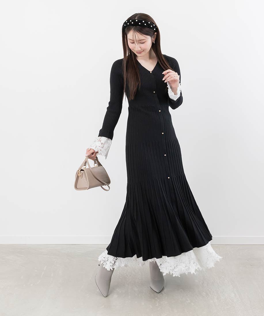 【ランダ/RANDA】の【選べる丈感】レースドッキングフロント釦ニットワンピース 人気、トレンドファッション・服の通販 founy(ファニー) 　ファッション　Fashion　レディースファッション　Fashion for Women　ワンピース　Dresses　ニットワンピース　Knit Dresses　クラシカル　Classical, Vintage-Inspired　ドッキング　Docking, Mixed Material　フィット　Fit, Slim Fit　フレア　Flare, Flared　フロント　Front, Front Design　ペチコート　Petticoat, Underskirt　レース　Lace, Lace Fabric　 other-1|ID: prp329100004650385 ipo3291000000033596451