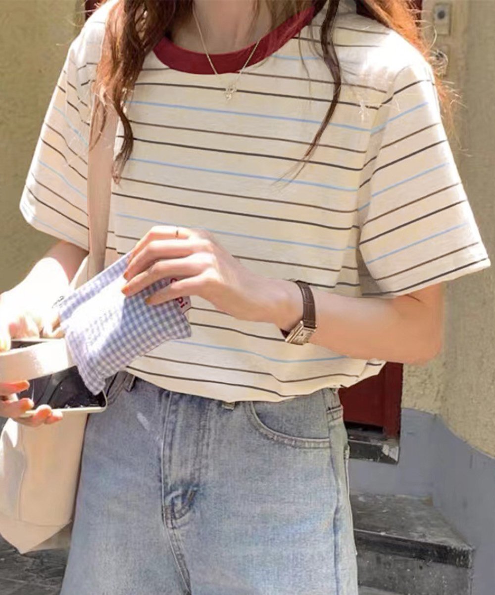 【ミニミニストア/miniministore】のマルチボーダーTシャツ 半袖カットソー夏 インテリア・キッズ・メンズ・レディースファッション・服の通販 founy(ファニー) 　ファッション　Fashion　レディースファッション　Fashion for Women　トップス・カットソー　Cut & Sew Tops　シャツ・ブラウス・オフィスカジュアル　Elegant Blouses & Button-Ups　ロングTシャツ・Tシャツ　Longline T-Shirts & Tees　カットソー・ベーシックTシャツ　Cut-and-Sewn Tops / Stretch Tees & Basics　カットソー　Cut and Sewn Top　デニム　Denim, Jeans Material　トレンド　Trend, Trending Now　ボーダー　Border, Stripe　リラックス　Relax, Relaxed Fit　ワイド　Wide, Wide Fit　半袖　Short Sleeve, Half Sleeve　夏　Summer　ベージュ|ID: prp329100004650398 ipo3291000000033596506
