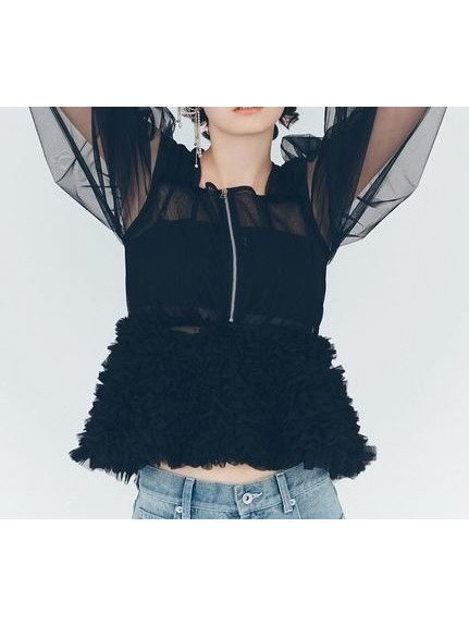 【ファーファー/FURFUR】のチュールフリルペプラムブラウス インテリア・キッズ・メンズ・レディースファッション・服の通販 founy(ファニー) 　ファッション　Fashion　レディースファッション　Fashion for Women　トップス・カットソー　Cut & Sew Tops　シャツ・ブラウス・オフィスカジュアル　Elegant Blouses & Button-Ups　ショルダー　Shoulder, Shoulder Strap　スリーブ　Sleeve, Long Sleeve / Short Sleeve　ドロップ　Drop Shoulder, Dropped Style　フリル　Frill, Ruffle　ペプラム　Peplum, Flared Hem　リボン　Ribbon, Bow　BLK[009]|ID: prp329100004650604 ipo3291000000033599067