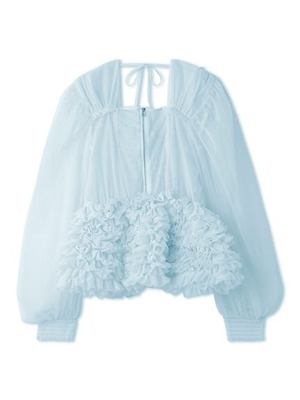 【ファーファー/FURFUR】のチュールフリルペプラムブラウス インテリア・キッズ・メンズ・レディースファッション・服の通販 founy(ファニー) 　ファッション　Fashion　レディースファッション　Fashion for Women　トップス・カットソー　Cut & Sew Tops　シャツ・ブラウス・オフィスカジュアル　Elegant Blouses & Button-Ups　ショルダー　Shoulder, Shoulder Strap　スリーブ　Sleeve, Long Sleeve / Short Sleeve　ドロップ　Drop Shoulder, Dropped Style　フリル　Frill, Ruffle　ペプラム　Peplum, Flared Hem　リボン　Ribbon, Bow　LBLU[081]|ID: prp329100004650604 ipo3291000000033599068