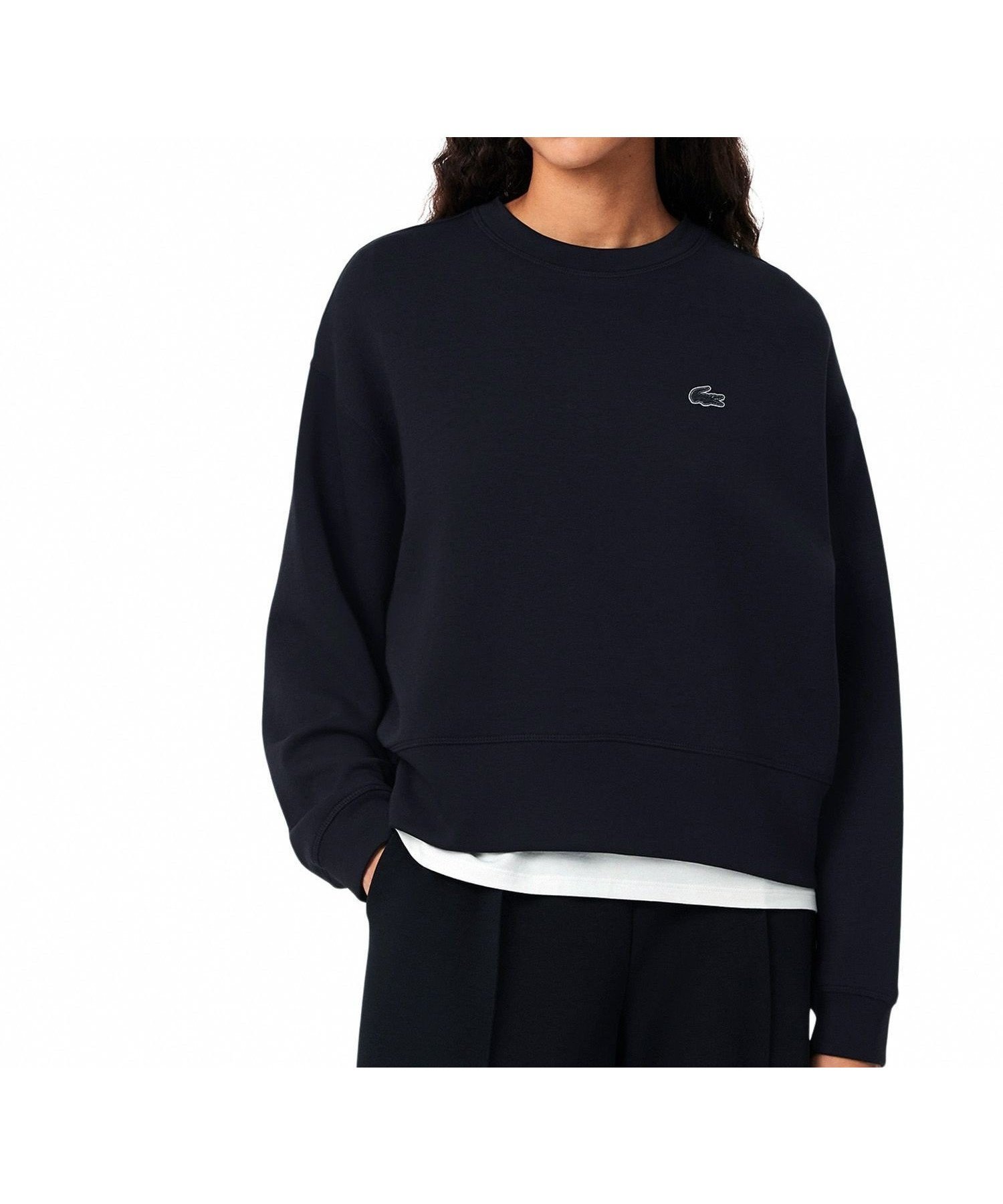 【ラコステ/LACOSTE】のクロップド丈 オーバーサイズクルーネックスウェット トレーナー インテリア・キッズ・メンズ・レディースファッション・服の通販 founy(ファニー) 　ファッション　Fashion　レディースファッション　Fashion for Women　トップス・カットソー　Cut & Sew Tops　レディースパーカー・カジュアルフーディー　Casual Hoodies & Sweatshirts　スウェット・クルーネックトップス　Sweatshirts & Crewnecks / Relaxed Fit Sweat Tops　クロップド　Cropped, Short Length　シンプル　Simple, Minimal　スウェット / スエット　Sweatshirt, Sweatwear　セットアップ　Set-Up, Coordinated Outfit　トレーナー　Sweatshirt, Trainer　ラバー　Rubber, Rubber Sole　ワイド　Wide, Wide Fit　ブラック|ID: prp329100004650666 ipo3291000000033599900