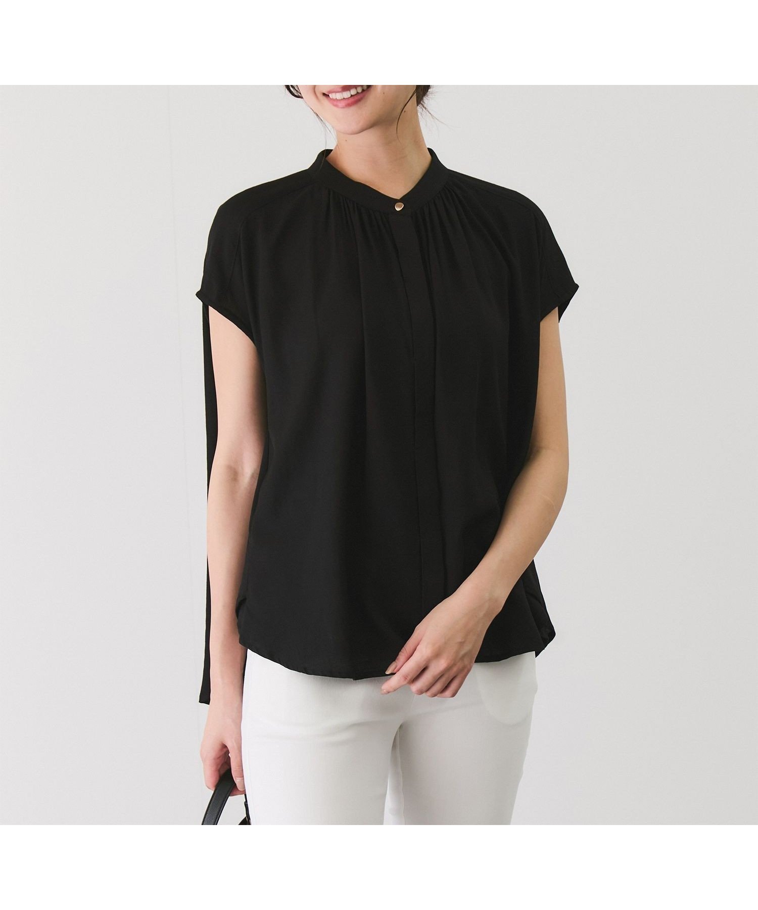 【ジャイロ/JAYRO】のノーカラーギャザーブラウス 人気、トレンドファッション・服の通販 founy(ファニー) 　ファッション　Fashion　レディースファッション　Fashion for Women　トップス・カットソー　Cut & Sew Tops　シャツ・ブラウス・オフィスカジュアル　Elegant Blouses & Button-Ups　インナー　Innerwear　ウォッシャブル　Machine Washable　春　Spring　ギャザー　Gathered, Ruffled　サテン　Satin, Glossy Fabric　シアー　Sheer, See-Through　スラックス　Slacks, Dress Pants　スリーブ　Sleeve, Long Sleeve / Short Sleeve　フレンチ　French, French Style　フロント　Front, Front Design　ポケット　Pocket, Pocket Detail　ワイド　Wide, Wide Fit　S/S・春夏　SS, Spring/Summer, Warm Season　おすすめ　Recommended / Our Picks　夏　Summer　 other-1|ID: prp329100004650796 ipo3291000000033601065