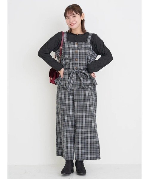 【その他のブランド/Other】のSET ウエストリボンビスチェ×ワイドパンツ×プチハイネックインナーセットアップ(無地・チェック柄) インテリア・キッズ・メンズ・レディースファッション・服の通販 founy(ファニー) 　ファッション　Fashion　レディースファッション　Fashion for Women　セットアップ　Matching Sets　レディースパンツ・ボトムス　Pants & Trousers / Bottoms　インナー　Innerwear　サロペット　Overalls, Salopette　セットアップ　Set-Up, Coordinated Outfit　チェック　Check, Plaid, Tartan　デニム　Denim, Jeans Material　ビスチェ　Bustier, Corset Top　フェミニン　Feminine, Girly　ポケット　Pocket, Pocket Detail　無地　Plain, Solid Color　リボン　Ribbon, Bow　ワイド　Wide, Wide Fit　エレガント 上品　Elegant　B柄|ID: prp329100004651525 ipo3291000000033609451
