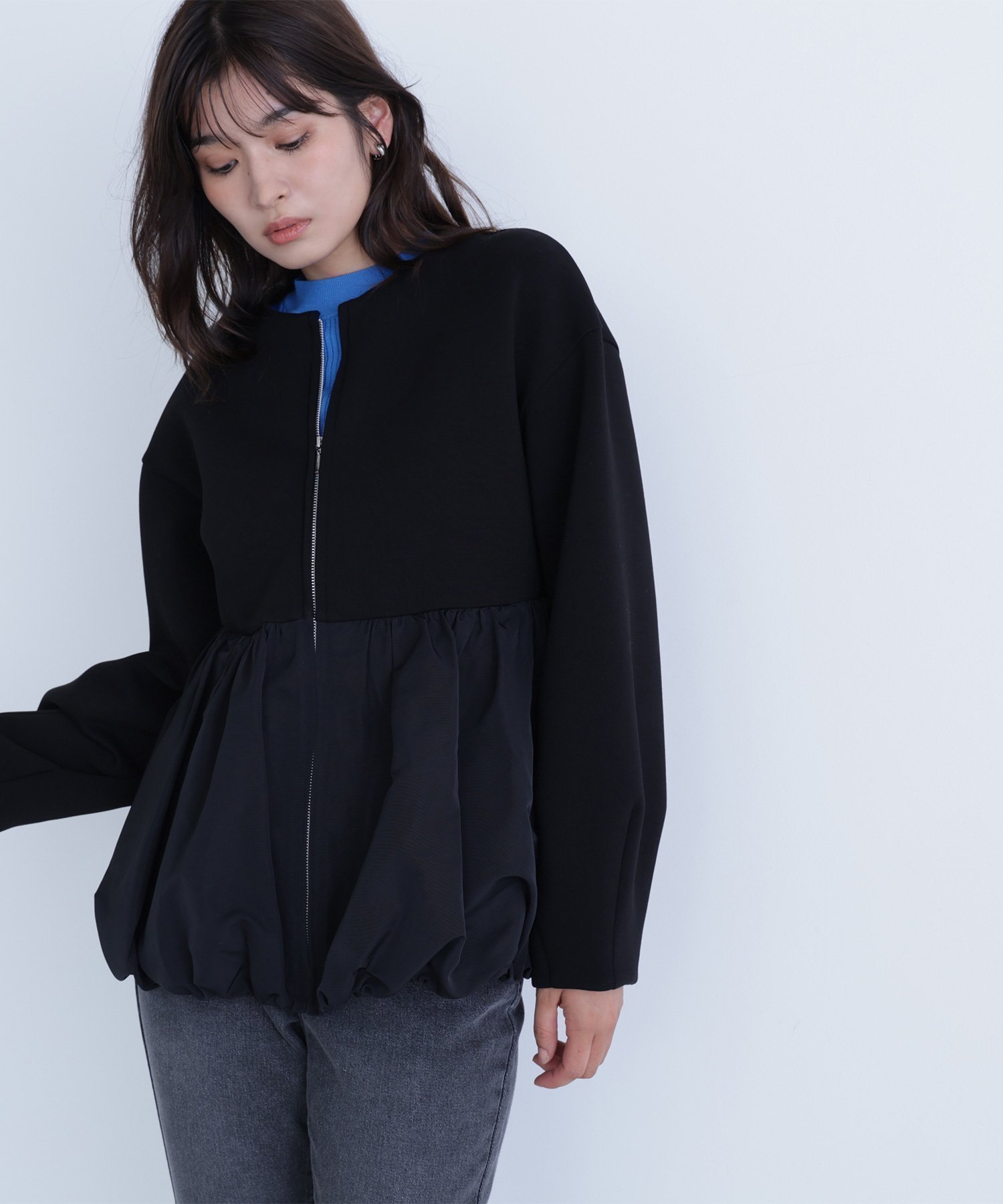【ナチュラル ビューティー ベーシック/NATURAL BEAUTY BASIC】のダンボールドッキングペプラムブルゾン インテリア・キッズ・メンズ・レディースファッション・服の通販 founy(ファニー) 　ファッション　Fashion　レディースファッション　Fashion for Women　アウター　Coat / Outerwear Collection　ブルゾンジャケット・スポーティアウター　Blouson Jackets　ストレッチ　Stretch, Stretchy Fabric　タフタ　Taffeta, Structured Fabric　バルーン　Balloon, Balloon Silhouette　フォルム　Silhouette, Form　ブルゾン　Blouson, Bomber Jacket　ペプラム　Peplum, Flared Hem　ミックス　Mix, Mixed Style　ブラック|ID: prp329100004651659 ipo3291000000033611635