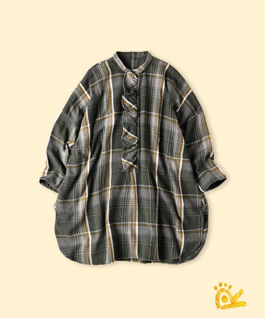 【フォーティファイブ アール/45R】の【EC限定】ONEONE いろいろインドネルのフリルチュニック インテリア・キッズ・メンズ・レディースファッション・服の通販 founy(ファニー) 　ファッション　Fashion　レディースファッション　Fashion for Women　トップス・カットソー　Cut & Sew Tops　インド　Indian Textile　スリット　Slit, Slit Detail　チュニック　Tunic, Long Top　フリル　Frill, Ruffle　ワンポイント　One Point, Statement Accent　グリーン×ホワイトチェック|ID: prp329100004651678 ipo3291000000033611963