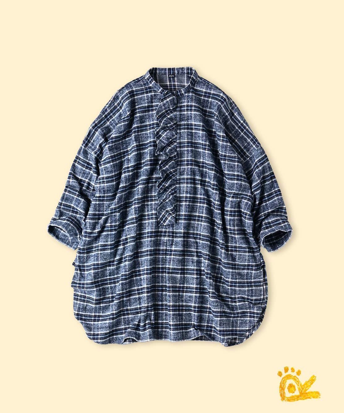 【フォーティファイブ アール/45R】の【EC限定】ONEONE いろいろインドネルのフリルチュニック インテリア・キッズ・メンズ・レディースファッション・服の通販 founy(ファニー) 　ファッション　Fashion　レディースファッション　Fashion for Women　トップス・カットソー　Cut & Sew Tops　インド　Indian Textile　スリット　Slit, Slit Detail　チュニック　Tunic, Long Top　フリル　Frill, Ruffle　ワンポイント　One Point, Statement Accent　ネイビー杢チェック|ID: prp329100004651678 ipo3291000000033611964