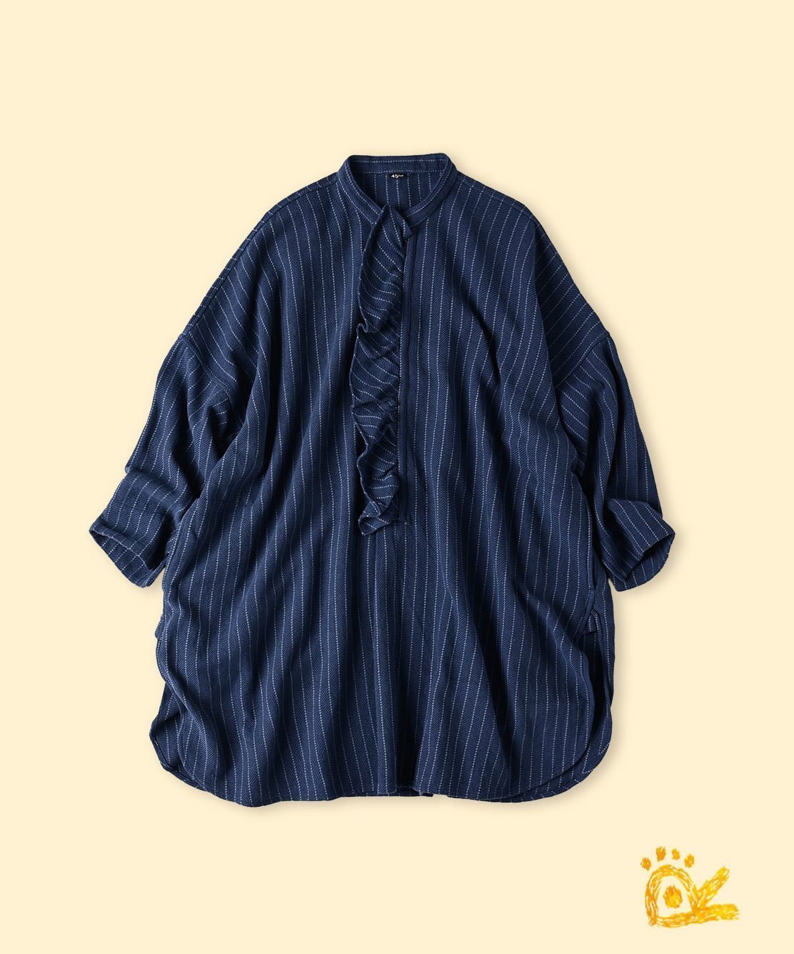 【フォーティファイブ アール/45R】の【EC限定】ONEONE いろいろインドネルのフリルチュニック インテリア・キッズ・メンズ・レディースファッション・服の通販 founy(ファニー) 　ファッション　Fashion　レディースファッション　Fashion for Women　トップス・カットソー　Cut & Sew Tops　インド　Indian Textile　スリット　Slit, Slit Detail　チュニック　Tunic, Long Top　フリル　Frill, Ruffle　ワンポイント　One Point, Statement Accent　ネイビーストライプ|ID: prp329100004651678 ipo3291000000033611965