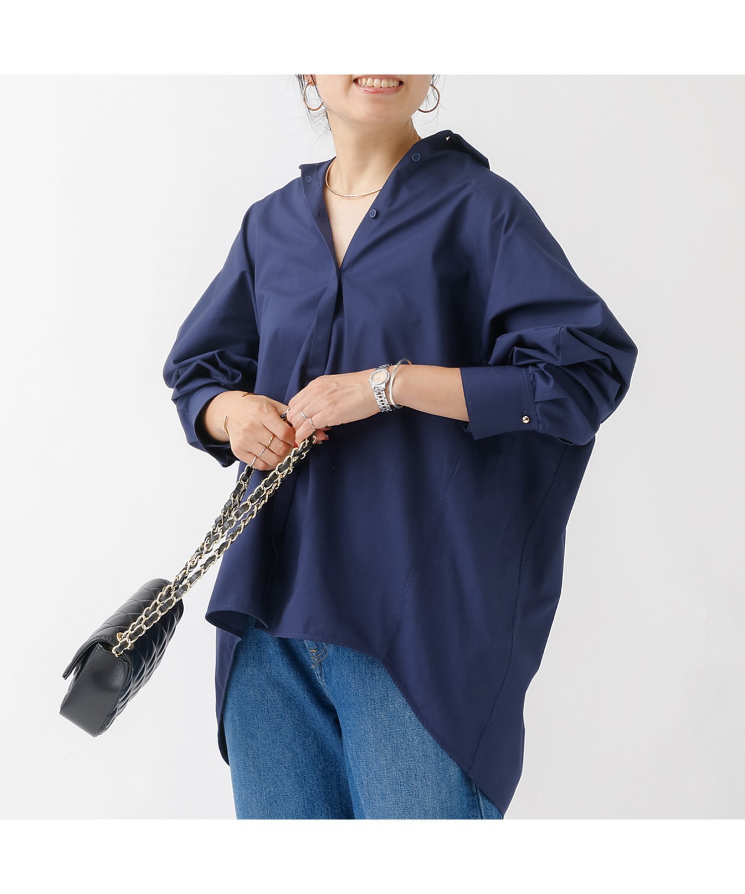 【ルージュヴィフラクレ/Rouge vif la cle】のマチ付きドルマンワイドシャツ インテリア・キッズ・メンズ・レディースファッション・服の通販 founy(ファニー) 　ファッション　Fashion　レディースファッション　Fashion for Women　トップス・カットソー　Cut & Sew Tops　シャツ・ブラウス・オフィスカジュアル　Elegant Blouses & Button-Ups　タートルネック　Turtleneck, High Neck　フロント　Front, Front Design　冬　Winter / This Winter　定番　Standard, Basic Item　秋　Autumn　羽織　Haori, Light Jacket　ネイビー|ID: prp329100004651714 ipo3291000000033612468