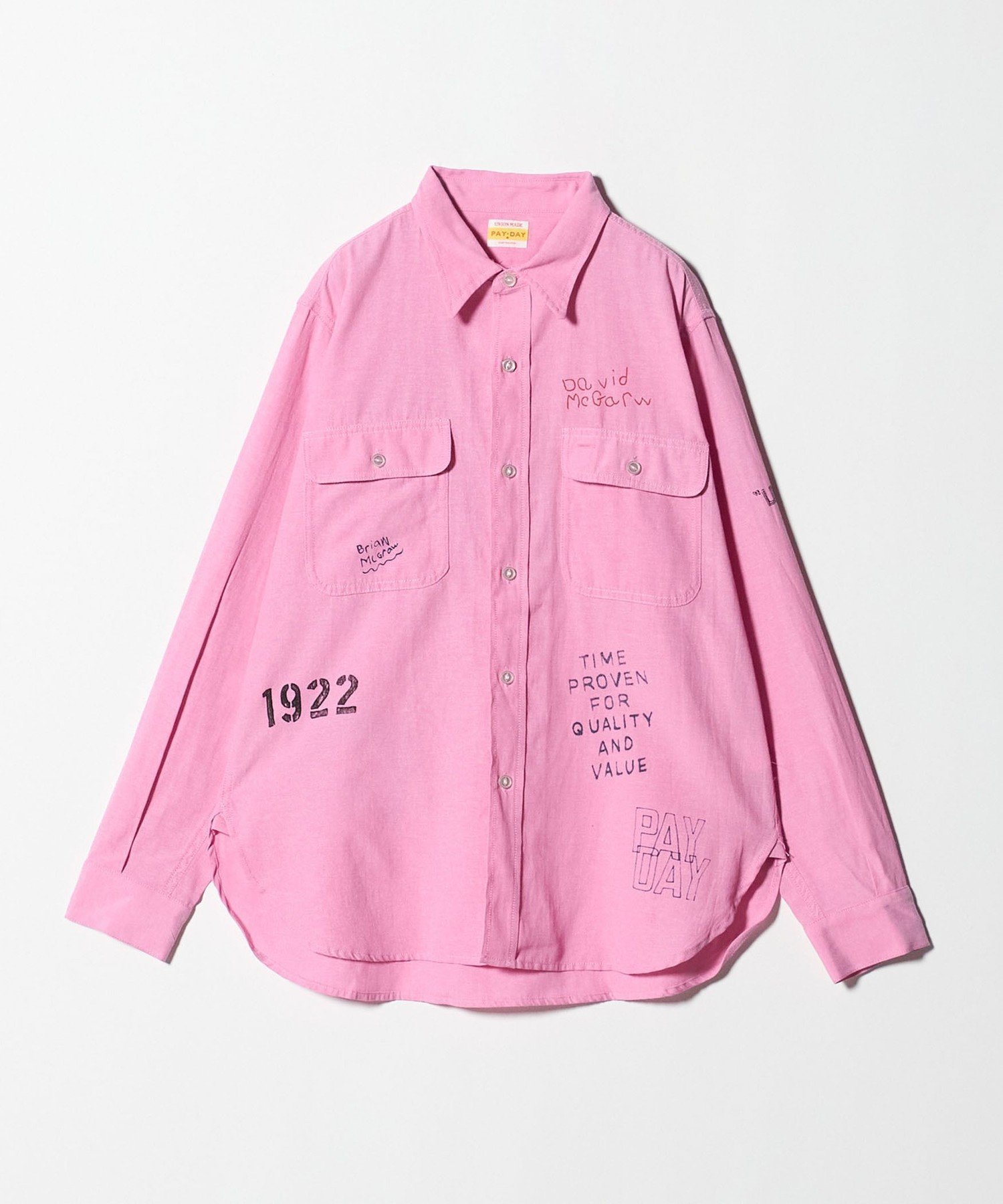 【ビューティ&ユース ユナイテッドアローズ/BEAUTY&YOUTH / UNITED ARROWS】の【別注】 PAYDAY メッセージプリントシャツ インテリア・キッズ・メンズ・レディースファッション・服の通販 founy(ファニー) 　ファッション　Fashion　レディースファッション　Fashion for Women　トップス・カットソー　Cut & Sew Tops　シャツ・ブラウス・オフィスカジュアル　Elegant Blouses & Button-Ups　シンプル　Simple, Minimal　人気　Popular, Best Seller　バランス　Balance, Style Balance　プリント　Print, Printed Pattern　別注　Limited Edition, Custom Order　リラックス　Relax, Relaxed Fit　ルーズ　Loose, Oversized　ワーク　Workwear, Utility Style　PINK|ID: prp329100004652257 ipo3291000000033619510