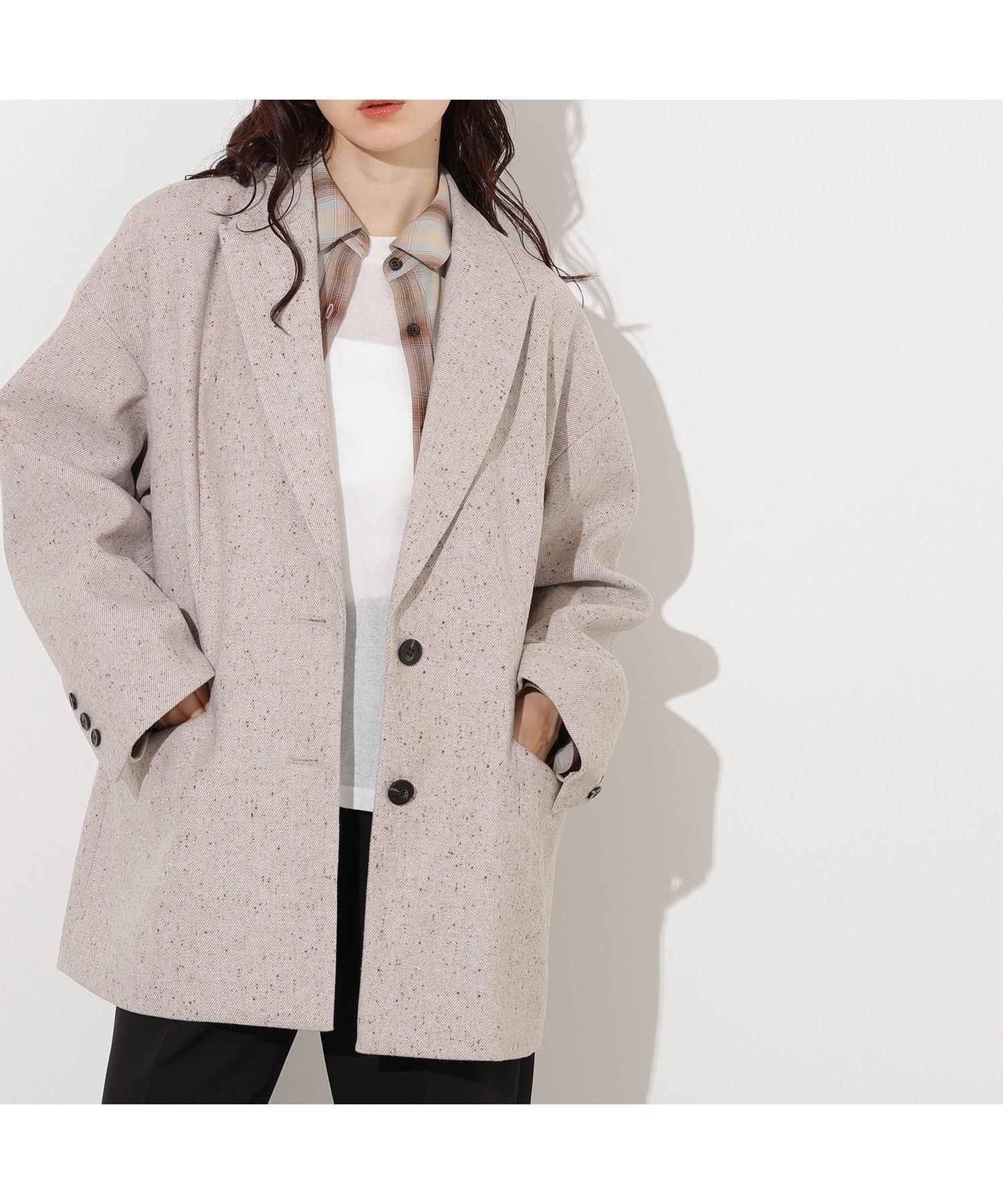 【エヌ ナチュラルビューティーベーシック/N.Natural Beauty basic】のオーバージャケットコート インテリア・キッズ・メンズ・レディースファッション・服の通販 founy(ファニー) 　ファッション　Fashion　レディースファッション　Fashion for Women　アウター　Coat / Outerwear Collection　コート・ロングコート・ピーコート　Long Coats, Peacoats & More　レディースジャケット・軽アウター　Jackets　インナー　Innerwear　ショルダー　Shoulder, Shoulder Strap　ジャケット　Jacket, Outerwear　チェック　Check, Plaid, Tartan　ドロップ　Drop Shoulder, Dropped Style　ネップ　Nepp, Slub Yarn　リラックス　Relax, Relaxed Fit　ベージュミックス2|ID: prp329100004652858 ipo3291000000033625163