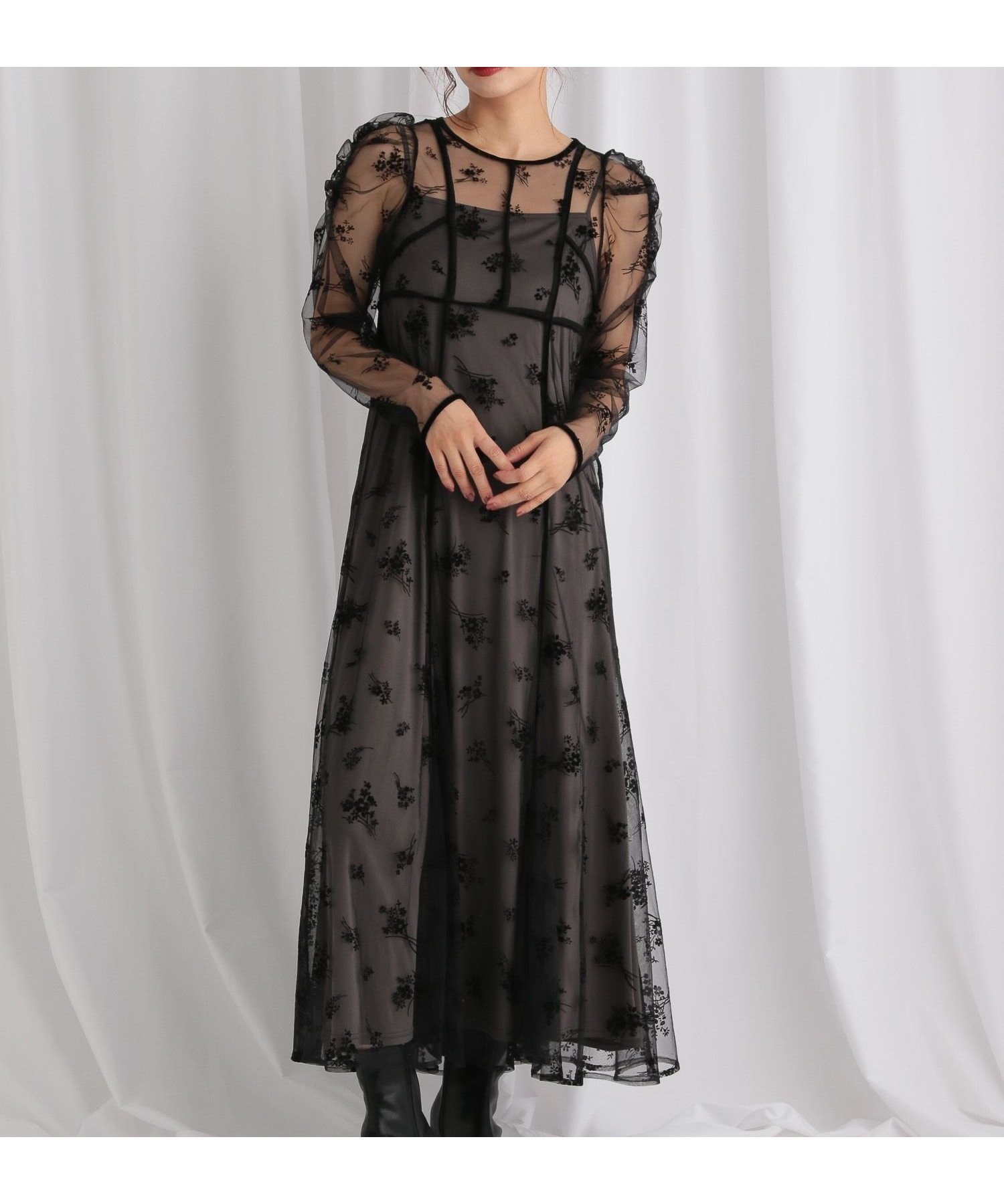 【ミスティ ウーマン/mysty woman】のチュールフラワーフロッキーワンピース インテリア・キッズ・メンズ・レディースファッション・服の通販 founy(ファニー) 　ファッション　Fashion　レディースファッション　Fashion for Women　ワンピース　Dresses　おすすめ　Recommended / Our Picks　インナー　Innerwear　クラシカル　Classical, Vintage-Inspired　シアー　Sheer, See-Through　セレモニー　Ceremony　チュール　Tulip, Tulip Motif　デニム　Denim, Jeans Material　ベロア　Velour, Soft Velvet　ペチコート　Petticoat, Underskirt　モチーフ　Motif, Design Theme　エレガント 上品　Elegant　結婚式　Wedding　ブラック×ブラック|ID: prp329100004652881 ipo3291000000033954050