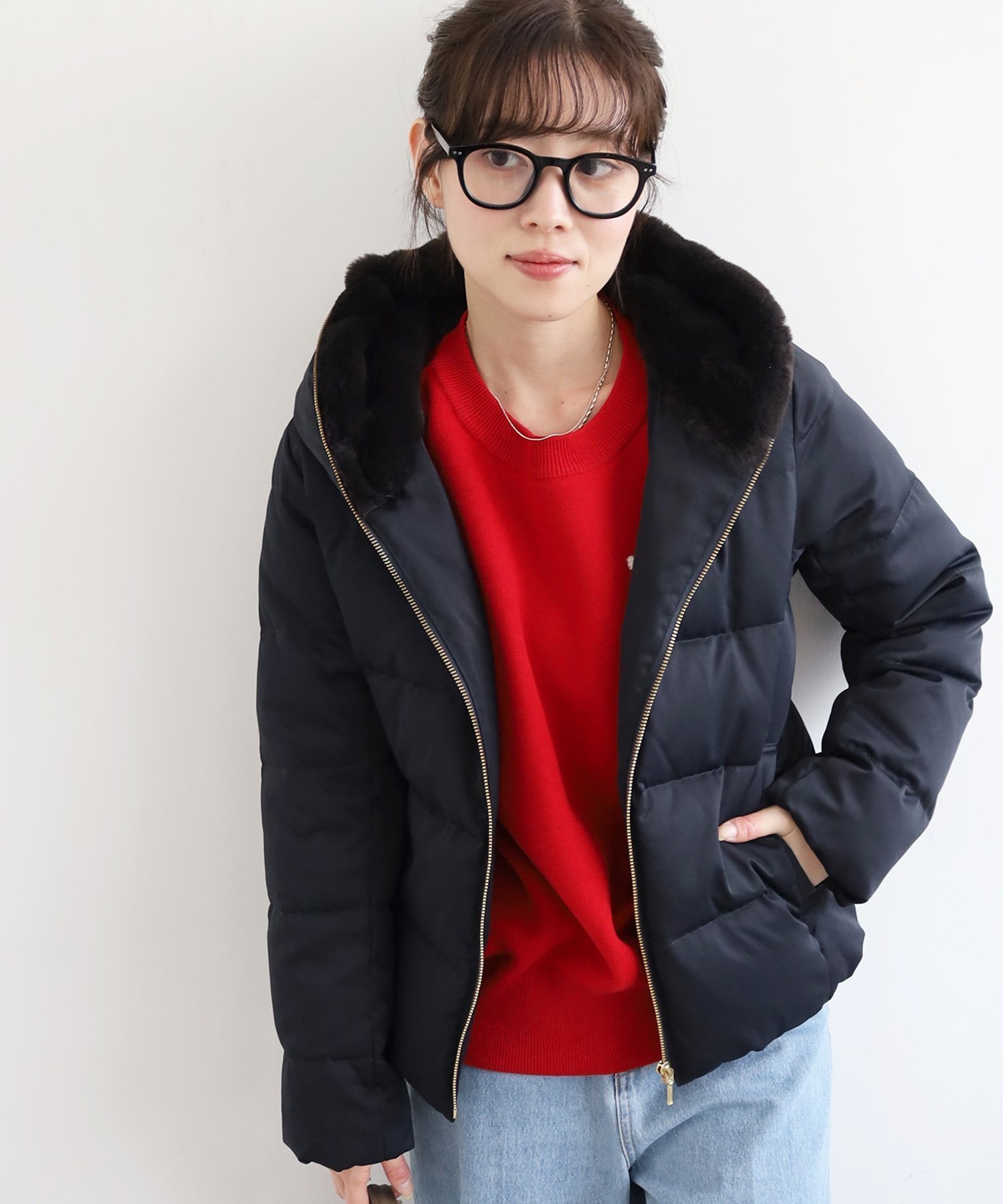 【ルクールブラン/le.coeur blanc】のファーフードショートダウン インテリア・キッズ・メンズ・レディースファッション・服の通販 founy(ファニー) 　ファッション　Fashion　レディースファッション　Fashion for Women　ダウン　Down, Puffer　ネイビー|ID: prp329100004652955 ipo3291000000035070346