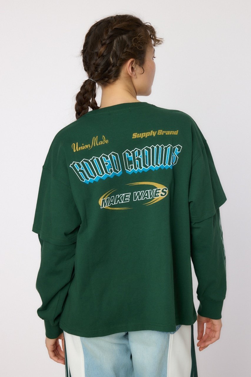 【ロデオクラウンズワイドボウル/RODEO CROWNS WIDE BOWL】のVintageフェイクレイヤードロングスリーブTシャツ インテリア・キッズ・メンズ・レディースファッション・服の通販 founy(ファニー) 　ファッション　Fashion　レディースファッション　Fashion for Women　トップス・カットソー　Cut & Sew Tops　シャツ・ブラウス・オフィスカジュアル　Elegant Blouses & Button-Ups　ロングTシャツ・Tシャツ　Longline T-Shirts & Tees　おすすめ　Recommended / Our Picks　カーゴパンツ　Cargo Pants, Utility Pants　クラッシュ　Distressed, Crashed Style　デニム　Denim, Jeans Material　プリント　Print, Printed Pattern　D/GRN3|ID: prp329100004653585 ipo3291000000033635566