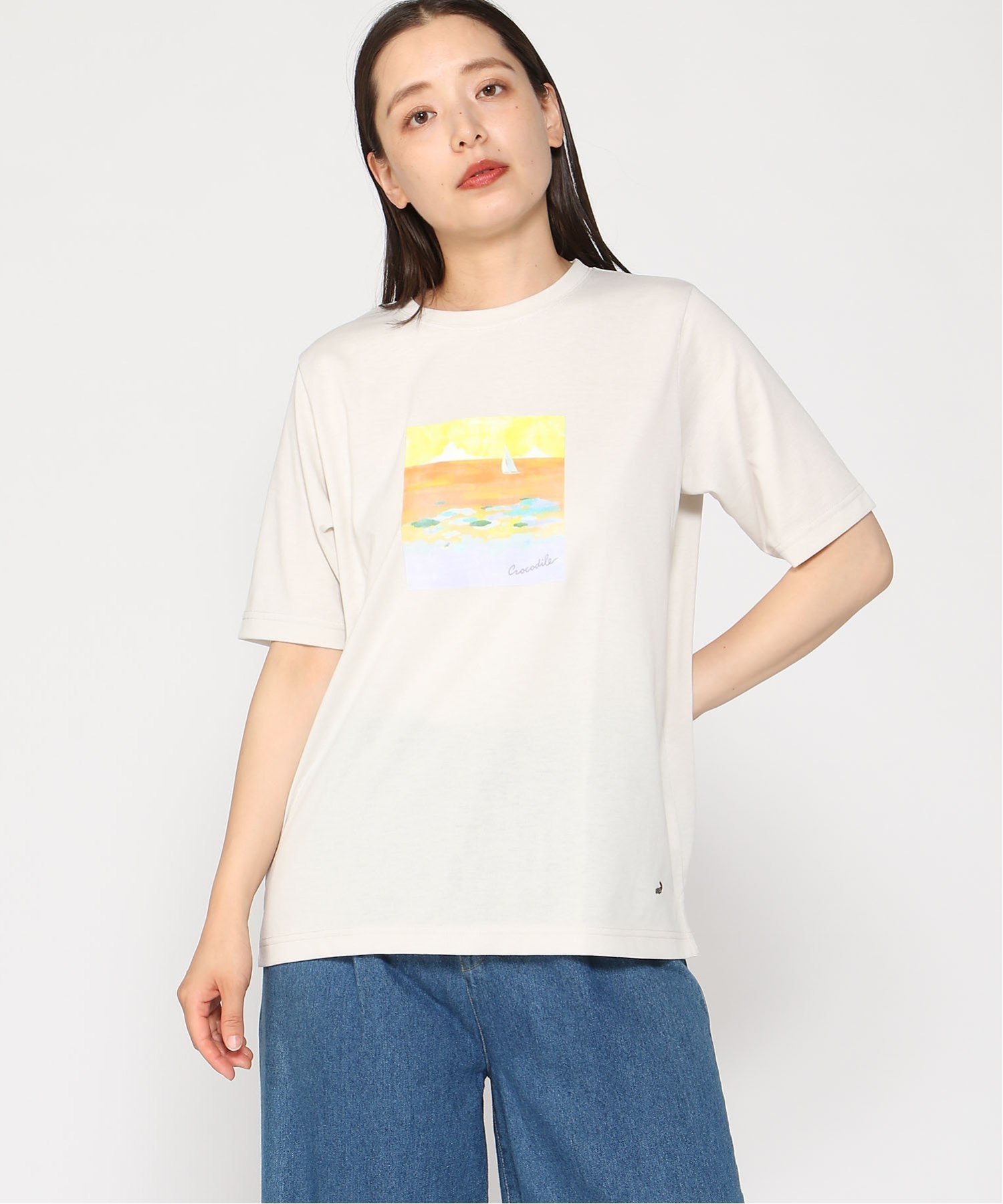 【クロコダイル/CROCODILE】のモチーフプリント Tシャツ インテリア・キッズ・メンズ・レディースファッション・服の通販 founy(ファニー) 　ファッション　Fashion　レディースファッション　Fashion for Women　トップス・カットソー　Cut & Sew Tops　シャツ・ブラウス・オフィスカジュアル　Elegant Blouses & Button-Ups　ロングTシャツ・Tシャツ　Longline T-Shirts & Tees　プリント　Print, Printed Pattern　モチーフ　Motif, Design Theme　夏　Summer　ライトグレー|ID: prp329100004653591 ipo3291000000033635623