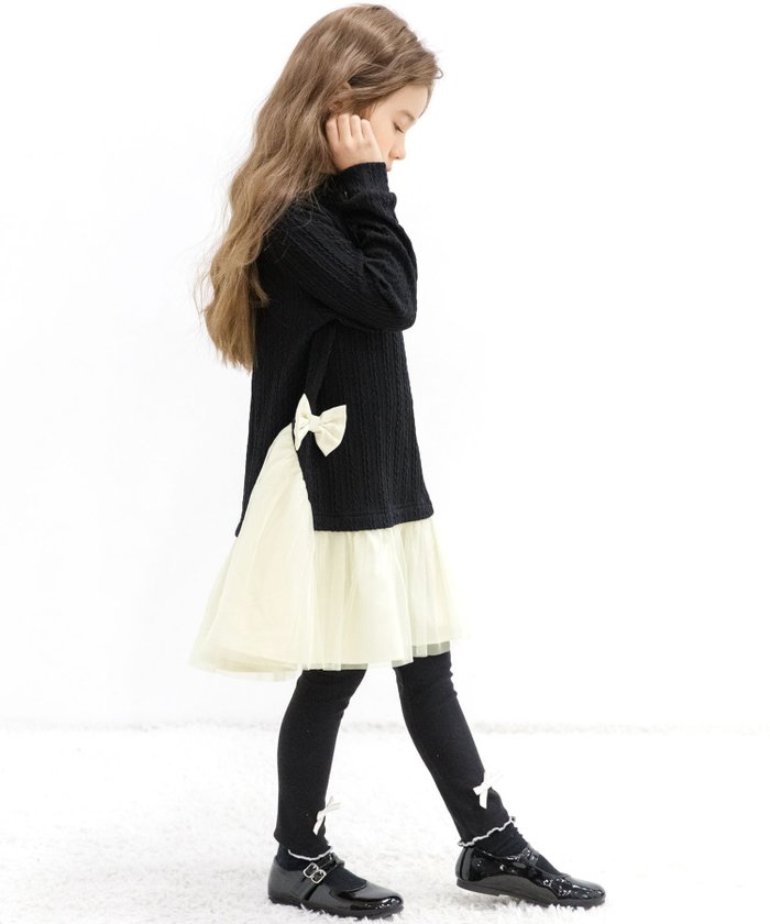 【その他のブランド/Other】のチュール切替えワンピース リボン 編み模様 子供服 キッズ 女の子 Bee インテリア・キッズ・メンズ・レディースファッション・服の通販 founy(ファニー) https://founy.com/ ファッション Fashion キッズファッション Fashion for Kids ワンピース Dresses チュール Tulip, Tulip Motif リボン Ribbon, Bow |ID: prp329100004653654 ipo3291000000034119619