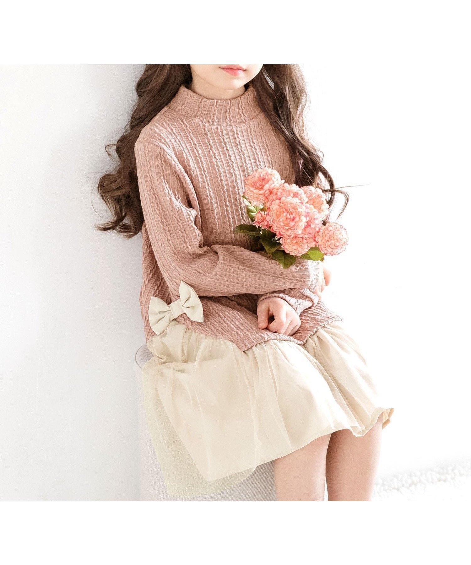 【その他のブランド/Other】のチュール切替えワンピース リボン 編み模様 子供服 キッズ 女の子 Bee インテリア・キッズ・メンズ・レディースファッション・服の通販 founy(ファニー) 　ファッション　Fashion　キッズファッション　Fashion for Kids　ワンピース　Dresses　チュール　Tulip, Tulip Motif　リボン　Ribbon, Bow　ピンク|ID: prp329100004653654 ipo3291000000034119621