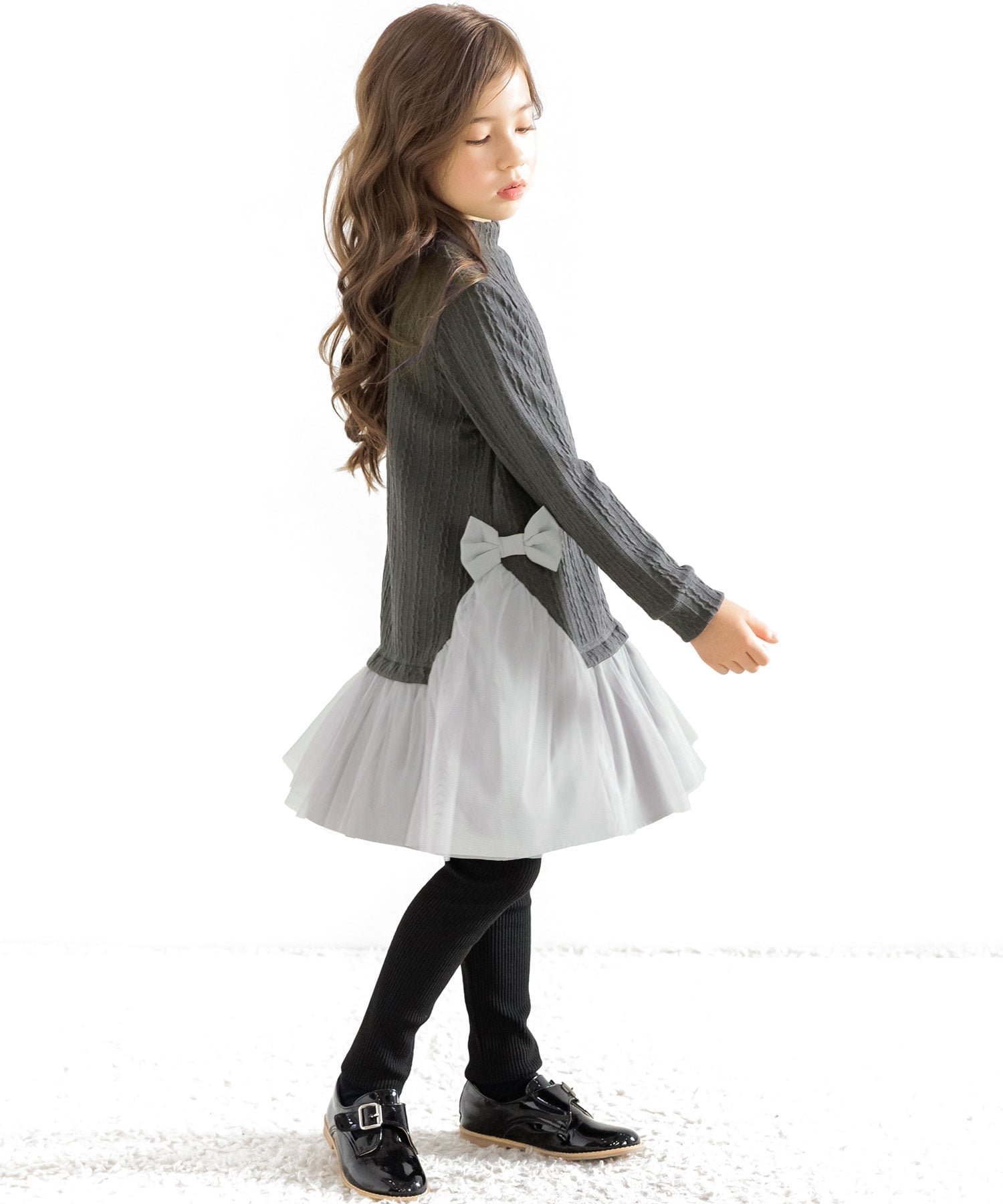 【その他のブランド/Other】のチュール切替えワンピース リボン 編み模様 子供服 キッズ 女の子 Bee インテリア・キッズ・メンズ・レディースファッション・服の通販 founy(ファニー) 　ファッション　Fashion　キッズファッション　Fashion for Kids　ワンピース　Dresses　チュール　Tulip, Tulip Motif　リボン　Ribbon, Bow　チャコール|ID: prp329100004653654 ipo3291000000034119623