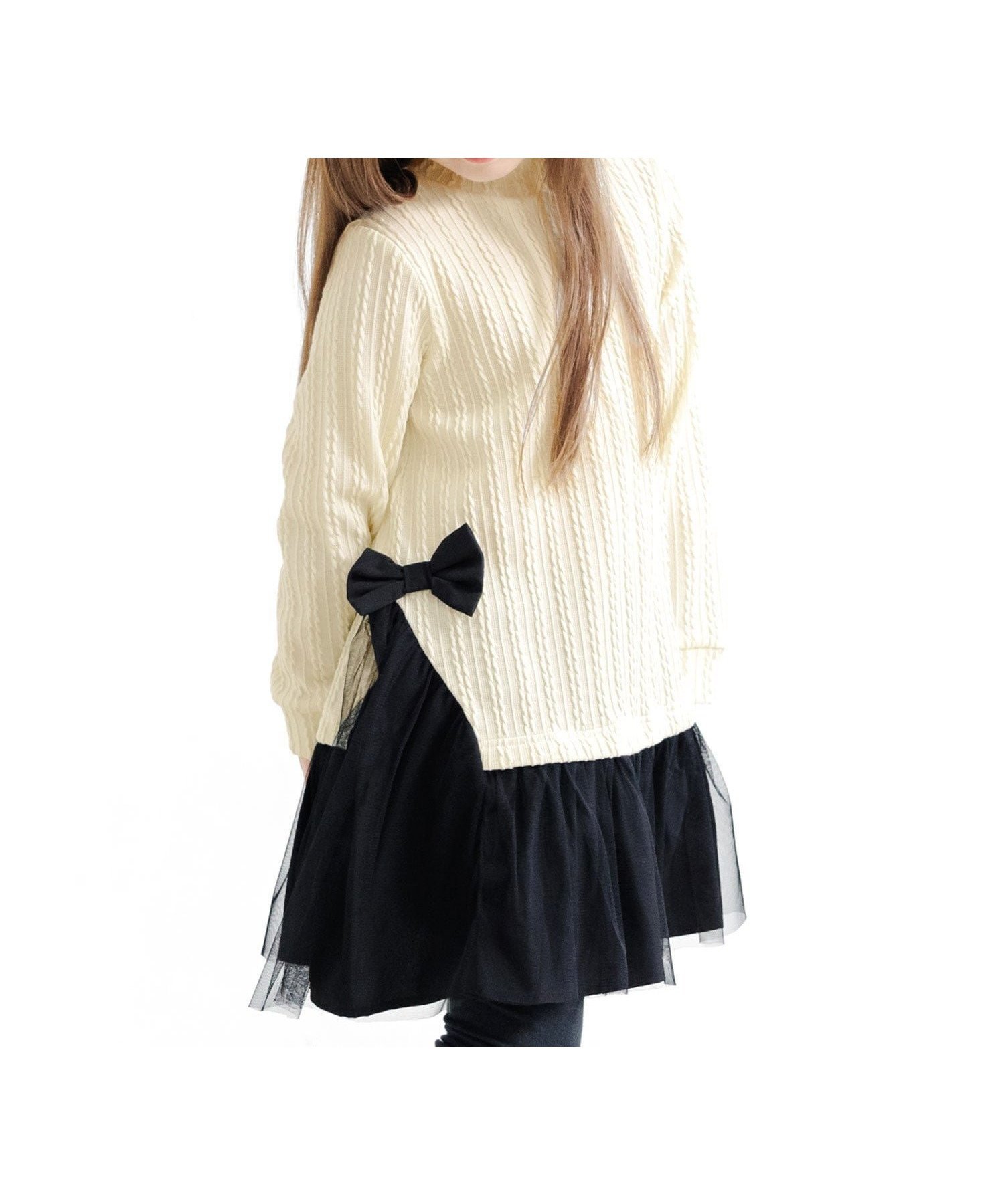 【その他のブランド/Other】のチュール切替えワンピース リボン 編み模様 子供服 キッズ 女の子 Bee インテリア・キッズ・メンズ・レディースファッション・服の通販 founy(ファニー) 　ファッション　Fashion　キッズファッション　Fashion for Kids　ワンピース　Dresses　チュール　Tulip, Tulip Motif　リボン　Ribbon, Bow　アイボリー|ID: prp329100004653654 ipo3291000000034119625