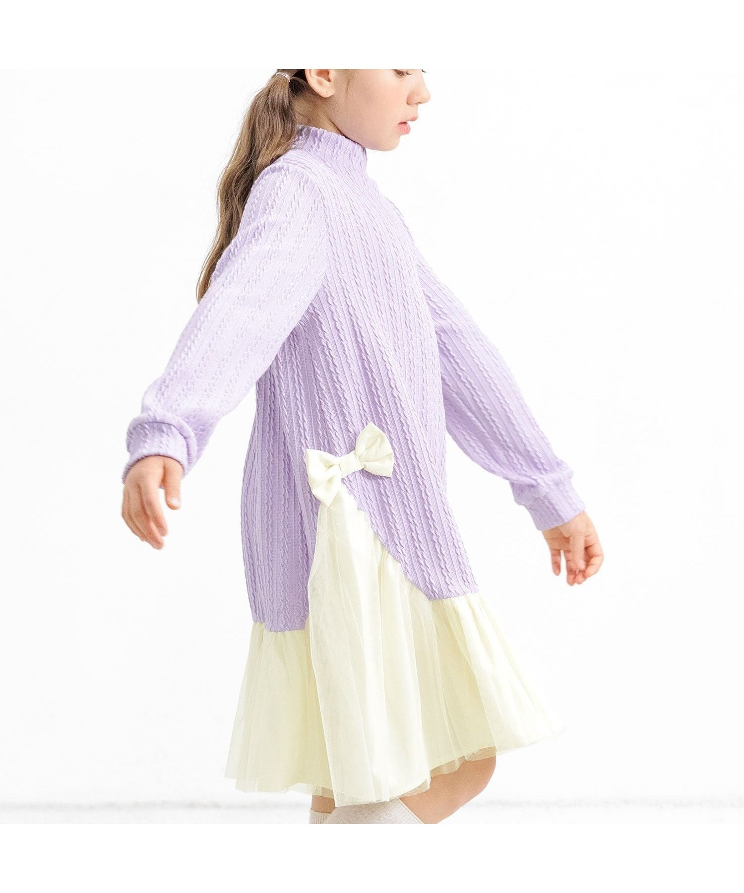 【その他のブランド/Other】のチュール切替えワンピース リボン 編み模様 子供服 キッズ 女の子 Bee インテリア・キッズ・メンズ・レディースファッション・服の通販 founy(ファニー) 　ファッション　Fashion　キッズファッション　Fashion for Kids　ワンピース　Dresses　チュール　Tulip, Tulip Motif　リボン　Ribbon, Bow　ラベンダー|ID: prp329100004653654 ipo3291000000034119626