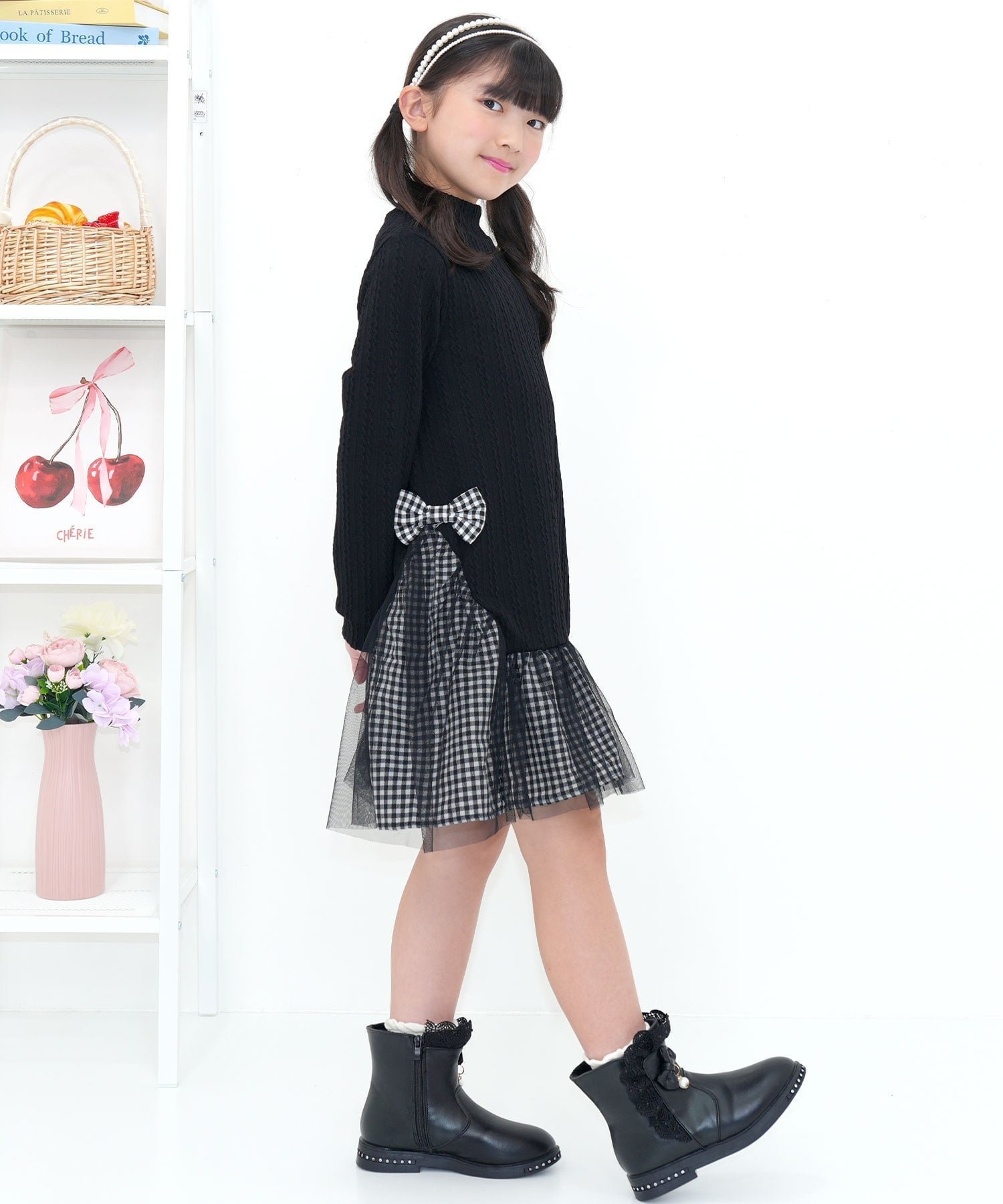 【その他のブランド/Other】のチュール切替えワンピース リボン 編み模様 子供服 キッズ 女の子 Bee インテリア・キッズ・メンズ・レディースファッション・服の通販 founy(ファニー) 　ファッション　Fashion　キッズファッション　Fashion for Kids　ワンピース　Dresses　チュール　Tulip, Tulip Motif　リボン　Ribbon, Bow　ブラック×ブラックチェック|ID: prp329100004653654 ipo3291000000034119628