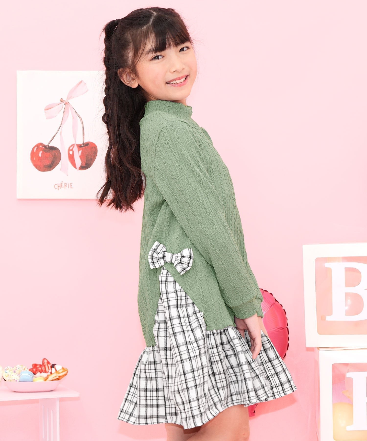 【その他のブランド/Other】のチュール切替えワンピース リボン 編み模様 子供服 キッズ 女の子 Bee インテリア・キッズ・メンズ・レディースファッション・服の通販 founy(ファニー) 　ファッション　Fashion　キッズファッション　Fashion for Kids　ワンピース　Dresses　チュール　Tulip, Tulip Motif　リボン　Ribbon, Bow　ミント×ホワイトチェック|ID: prp329100004653654 ipo3291000000034119630