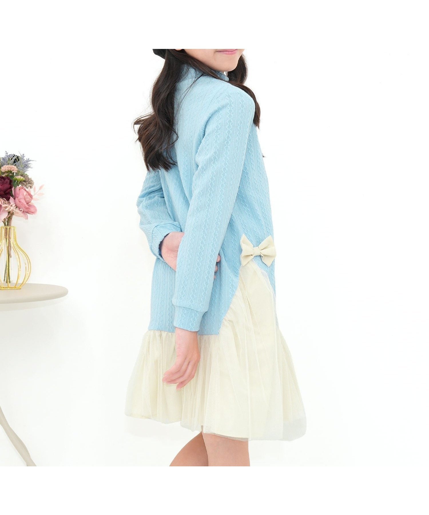 【その他のブランド/Other】のチュール切替えワンピース リボン 編み模様 子供服 キッズ 女の子 Bee インテリア・キッズ・メンズ・レディースファッション・服の通販 founy(ファニー) 　ファッション　Fashion　キッズファッション　Fashion for Kids　ワンピース　Dresses　チュール　Tulip, Tulip Motif　リボン　Ribbon, Bow　ライトブルー|ID: prp329100004653654 ipo3291000000034119632