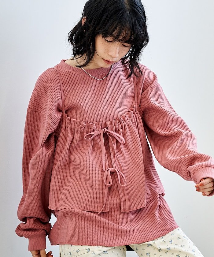 【フリークスストア/FREAK'S STORE】の【セットアイテム】ワッフル ロンTビスチェセット 25AW インテリア・キッズ・メンズ・レディースファッション・服の通販 founy(ファニー) 　ファッション　Fashion　レディースファッション　Fashion for Women　トップス・カットソー　Cut & Sew Tops　ロングTシャツ・Tシャツ　Longline T-Shirts & Tees　ビスチェ　Bustiers & Corset Tops / Layered Bustier Style　2025年　2025　2025-2026秋冬・A/W　Autumn/Winter 2025–26 AW25–26　冬　Winter / This Winter　バランス　Balance, Style Balance　ビスチェ　Bustier, Corset Top　フェミニン　Feminine, Girly　リボン　Ribbon, Bow　ワッフル　Waffle, Waffle Knit　A/W・秋冬　Autumn/Winter　ピンク|ID: prp329100004653776 ipo3291000000033637794