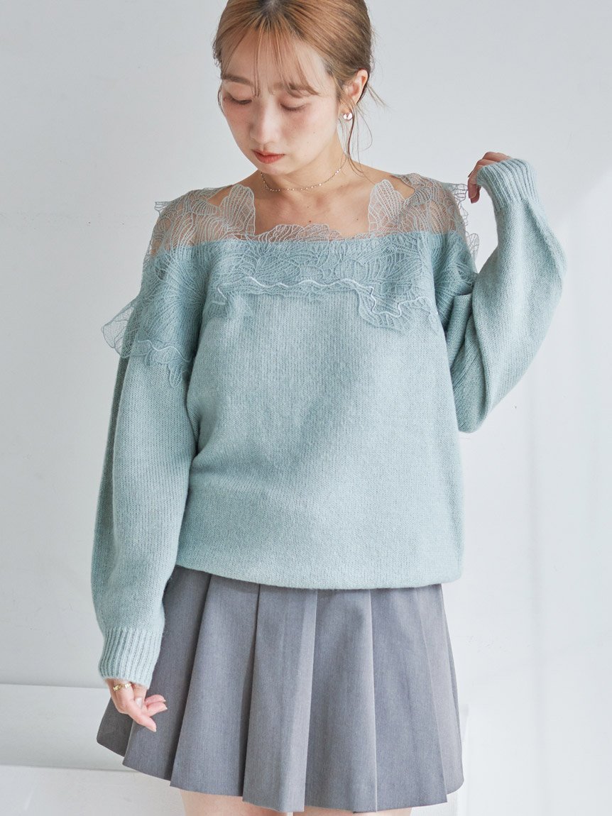【スナイデル/SNIDEL】のレーストリミングニットプルオーバー インテリア・キッズ・メンズ・レディースファッション・服の通販 founy(ファニー) 　ファッション　Fashion　レディースファッション　Fashion for Women　トップス・カットソー　Cut & Sew Tops　ニット　Knit Tops & Sweaters　カジュアルプルオーバー・ニットトップス　Pullovers & Knit Tops / Casual Pullovers　おすすめ　Recommended / Our Picks　ショルダー　Shoulder, Shoulder Strap　ストレート　Straight, Straight Cut　スマート　Smart, Elegant　デコルテ　Décolleté, Neckline　ドッキング　Docking, Mixed Material　リーフ　Leaf, Botanical Leaf　レース　Lace, Lace Fabric　MNT[021]|ID: prp329100004653875 ipo3291000000034277491