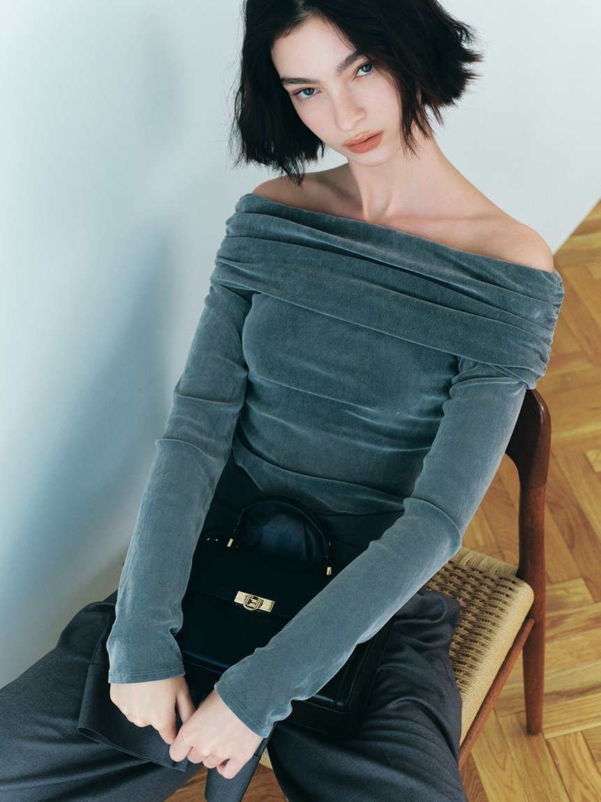 【フレイ アイディー/FRAY I.D】のオフショルフロッキーチュールトップス インテリア・キッズ・メンズ・レディースファッション・服の通販 founy(ファニー) 　ファッション　Fashion　レディースファッション　Fashion for Women　トップス・カットソー　Cut & Sew Tops　秋　Autumn　ギャザー　Gathered, Ruffled　スマート　Smart, Elegant　チュール　Tulip, Tulip Motif　ドレープ　Drape, Draping Fabric　人気　Popular, Best Seller　ベロア　Velour, Soft Velvet　エレガント 上品　Elegant　GRY[006]|ID: prp329100004653906 ipo3291000000033972653