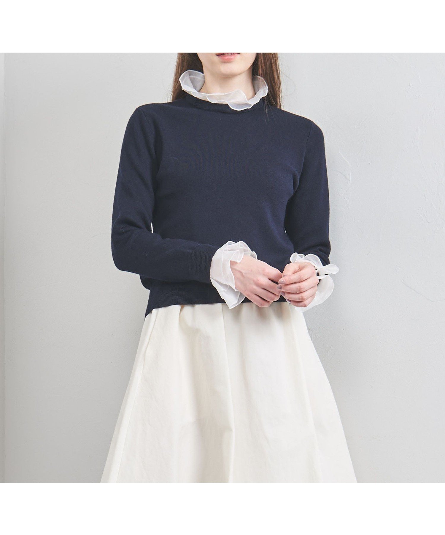 【ユナイテッドアローズ/UNITED ARROWS】のオーガンジー ラッフルフリル 4WAY ニット インテリア・キッズ・メンズ・レディースファッション・服の通販 founy(ファニー) 　ファッション　Fashion　レディースファッション　Fashion for Women　トップス・カットソー　Cut & Sew Tops　ニット　Knit Tops & Sweaters　おすすめ　Recommended / Our Picks　オーガンジー　Organza Fabric　コンパクト　Compact, Small Size　シアー　Sheer, See-Through　シンプル　Simple, Minimal　デニム　Denim, Jeans Material　フェミニン　Feminine, Girly　フレア　Flare, Flared　NAVY|ID: prp329100004654142 ipo3291000000033644737