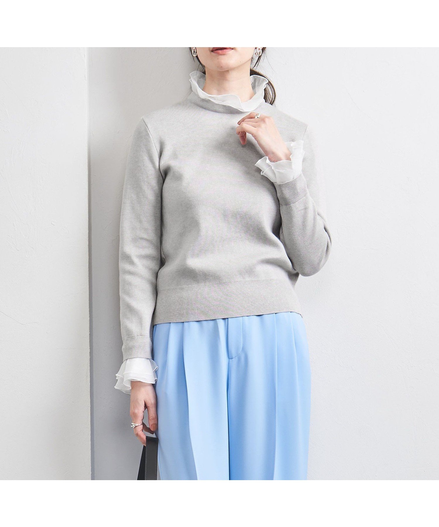 【ユナイテッドアローズ/UNITED ARROWS】のオーガンジー ラッフルフリル 4WAY ニット インテリア・キッズ・メンズ・レディースファッション・服の通販 founy(ファニー) 　ファッション　Fashion　レディースファッション　Fashion for Women　トップス・カットソー　Cut & Sew Tops　ニット　Knit Tops & Sweaters　おすすめ　Recommended / Our Picks　オーガンジー　Organza Fabric　コンパクト　Compact, Small Size　シアー　Sheer, See-Through　シンプル　Simple, Minimal　デニム　Denim, Jeans Material　フェミニン　Feminine, Girly　フレア　Flare, Flared　LT.GRAY|ID: prp329100004654142 ipo3291000000033644741