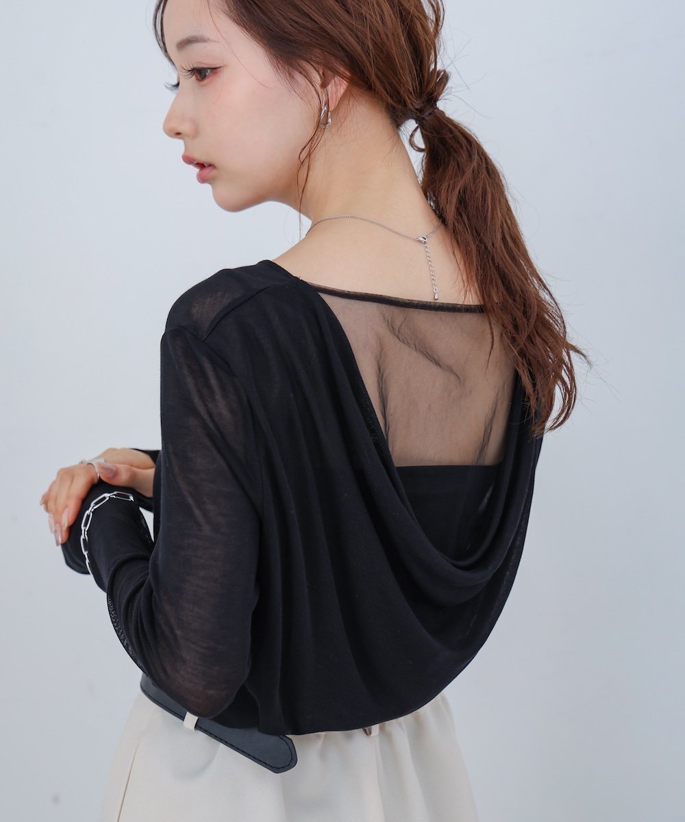 【バブ ブージュルード/Bab Bou Jeloud】のバックドレープデザイントップス インテリア・キッズ・メンズ・レディースファッション・服の通販 founy(ファニー) 　ファッション　Fashion　レディースファッション　Fashion for Women　トップス・カットソー　Cut & Sew Tops　おすすめ　Recommended / Our Picks　とろみ　Fluid, Flowy Fabric　サテン　Satin, Glossy Fabric　シアー　Sheer, See-Through　シンプル　Simple, Minimal　ストレッチ　Stretch, Stretchy Fabric　スラックス　Slacks, Dress Pants　デニム　Denim, Jeans Material　ドレープ　Drape, Draping Fabric　フロント　Front, Front Design　秋　Autumn　BLACK|ID: prp329100004654282 ipo3291000000033649255