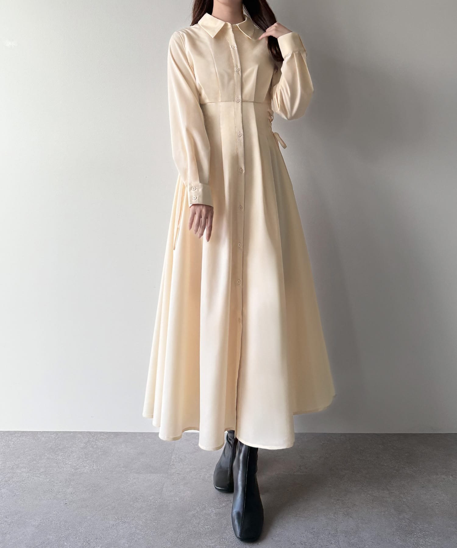 【ジュノア/JUNOAH】のmipiarl レースアップタックフレアシャツワンピース インテリア・キッズ・メンズ・レディースファッション・服の通販 founy(ファニー) 　ファッション　Fashion　レディースファッション　Fashion for Women　ワンピース　Dresses　シャツワンピース / 1枚で着映えコーデ　Shirt Dresses　アイボリー|ID: prp329100004654300 ipo3291000000033649511
