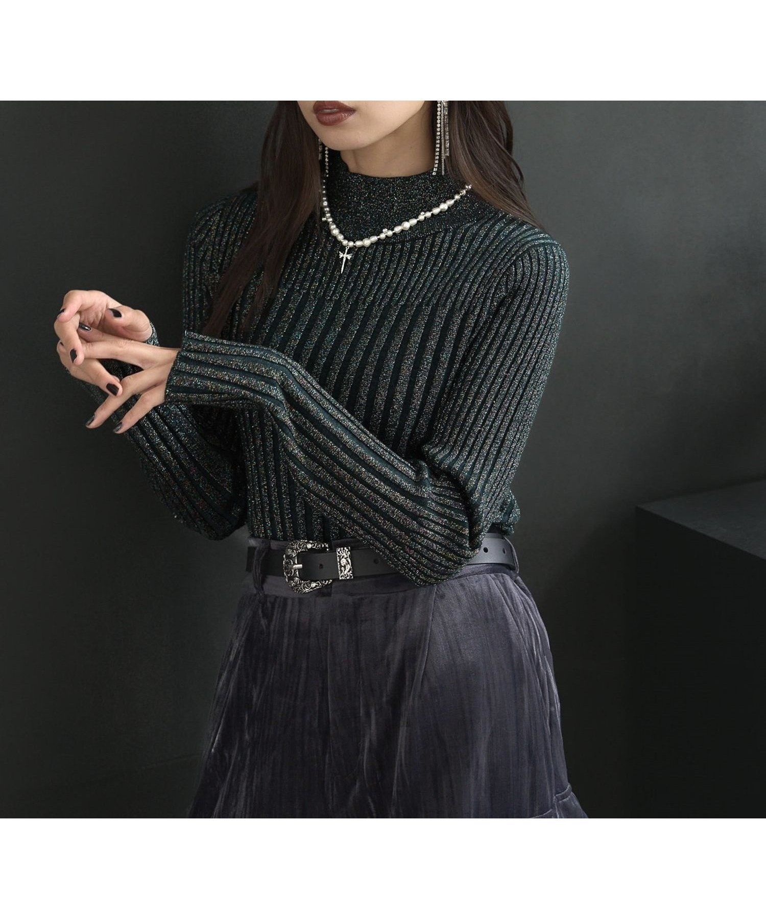 【ハレ/HARE】のラメランダムリブニット インテリア・キッズ・メンズ・レディースファッション・服の通販 founy(ファニー) 　ファッション　Fashion　レディースファッション　Fashion for Women　トップス・カットソー　Cut & Sew Tops　ニット　Knit Tops & Sweaters　おすすめ　Recommended / Our Picks　インナー　Innerwear　ウェーブ　Wavy Pattern　クール　Cool, Chic　ショート　Short, Short Length　ジャケット　Jacket, Outerwear　スウェット / スエット　Sweatshirt, Sweatwear　ストレート　Straight, Straight Cut　ネックレス　Necklace, Pendant Necklace　ハイネック　High Neck, Mock Neck　バランス　Balance, Style Balance　ブロック　Block, Solid Block Pattern　グリーン78|ID: prp329100004654372 ipo3291000000034118906