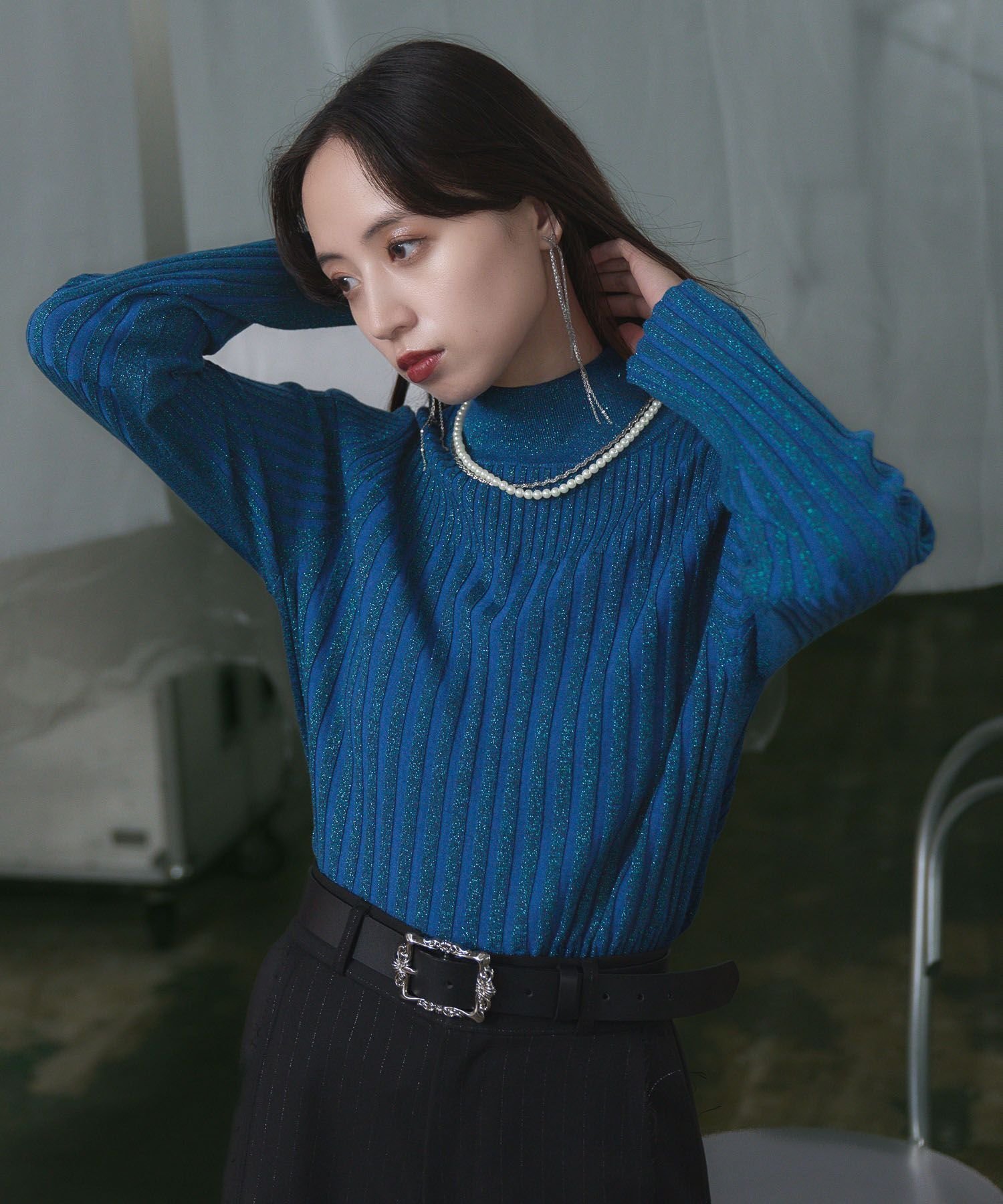 【ハレ/HARE】のラメランダムリブニット インテリア・キッズ・メンズ・レディースファッション・服の通販 founy(ファニー) 　ファッション　Fashion　レディースファッション　Fashion for Women　トップス・カットソー　Cut & Sew Tops　ニット　Knit Tops & Sweaters　おすすめ　Recommended / Our Picks　インナー　Innerwear　ウェーブ　Wavy Pattern　クール　Cool, Chic　ショート　Short, Short Length　ジャケット　Jacket, Outerwear　スウェット / スエット　Sweatshirt, Sweatwear　ストレート　Straight, Straight Cut　ネックレス　Necklace, Pendant Necklace　ハイネック　High Neck, Mock Neck　バランス　Balance, Style Balance　ブロック　Block, Solid Block Pattern　ブルー85|ID: prp329100004654372 ipo3291000000034118909